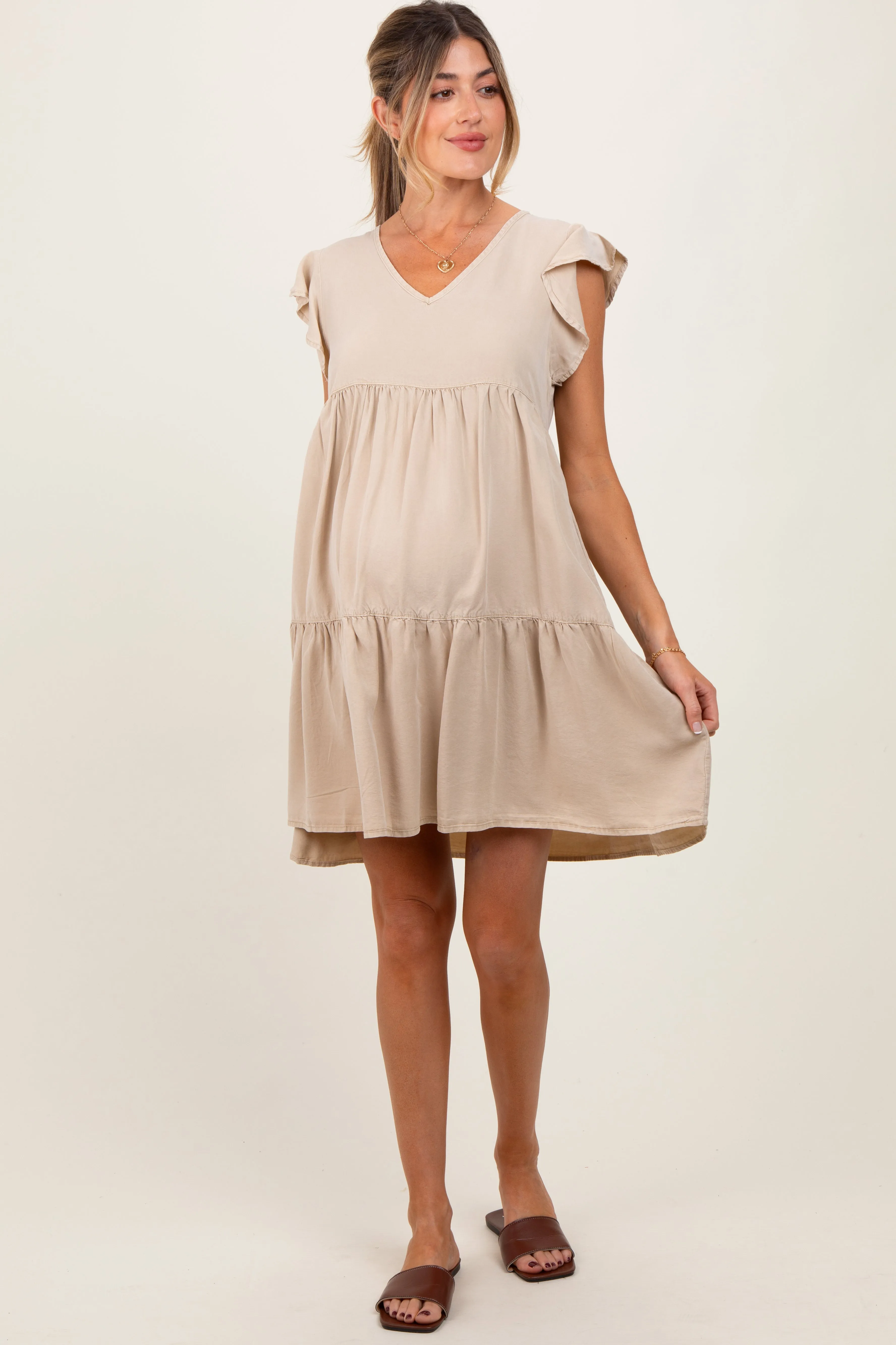 Beige Flutter Sleeve Tiered Maternity Dress sold by Pinkblush