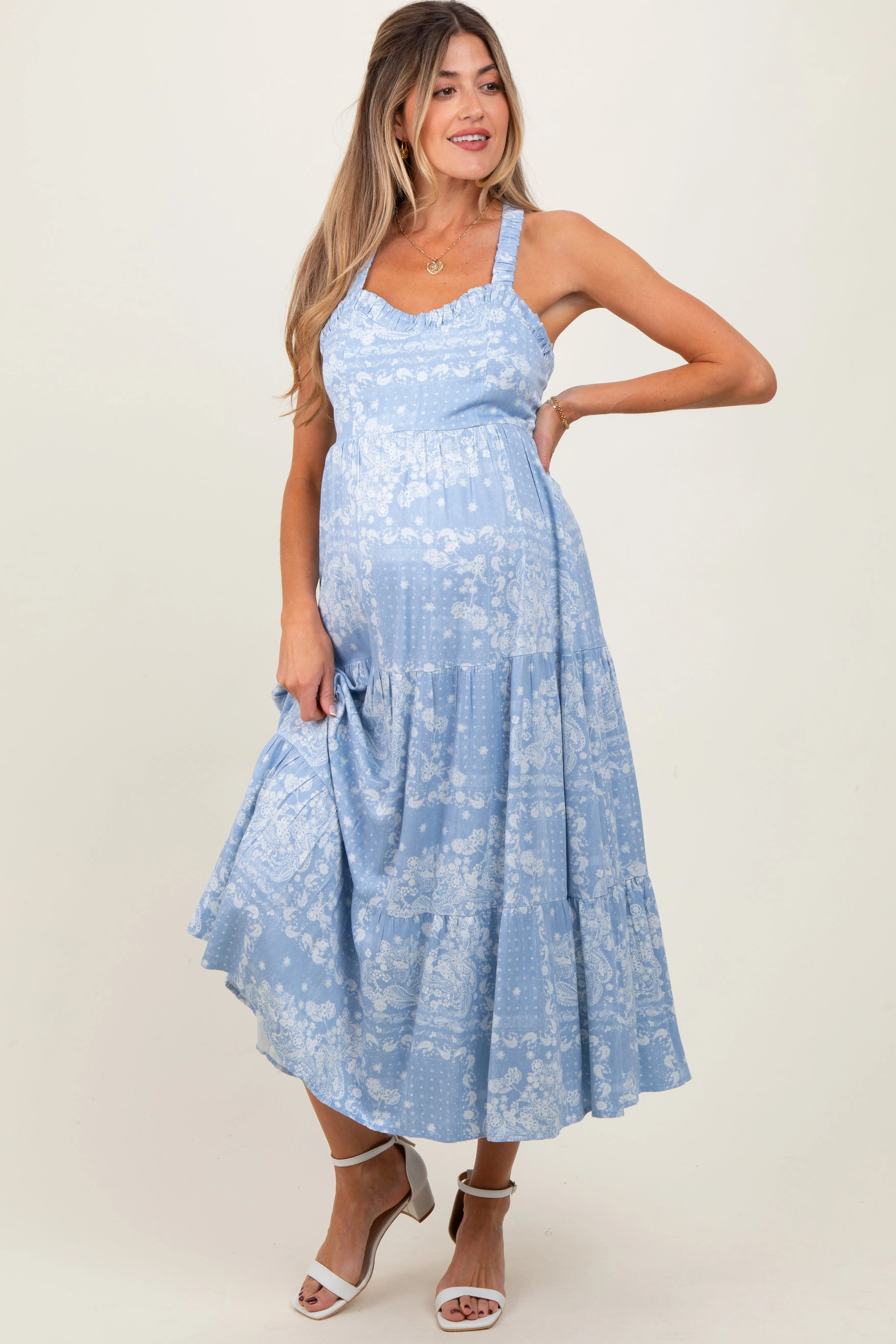 Light Blue Floral Tiered Crisscross Back Maternity Midi Dress sold by Pinkblush