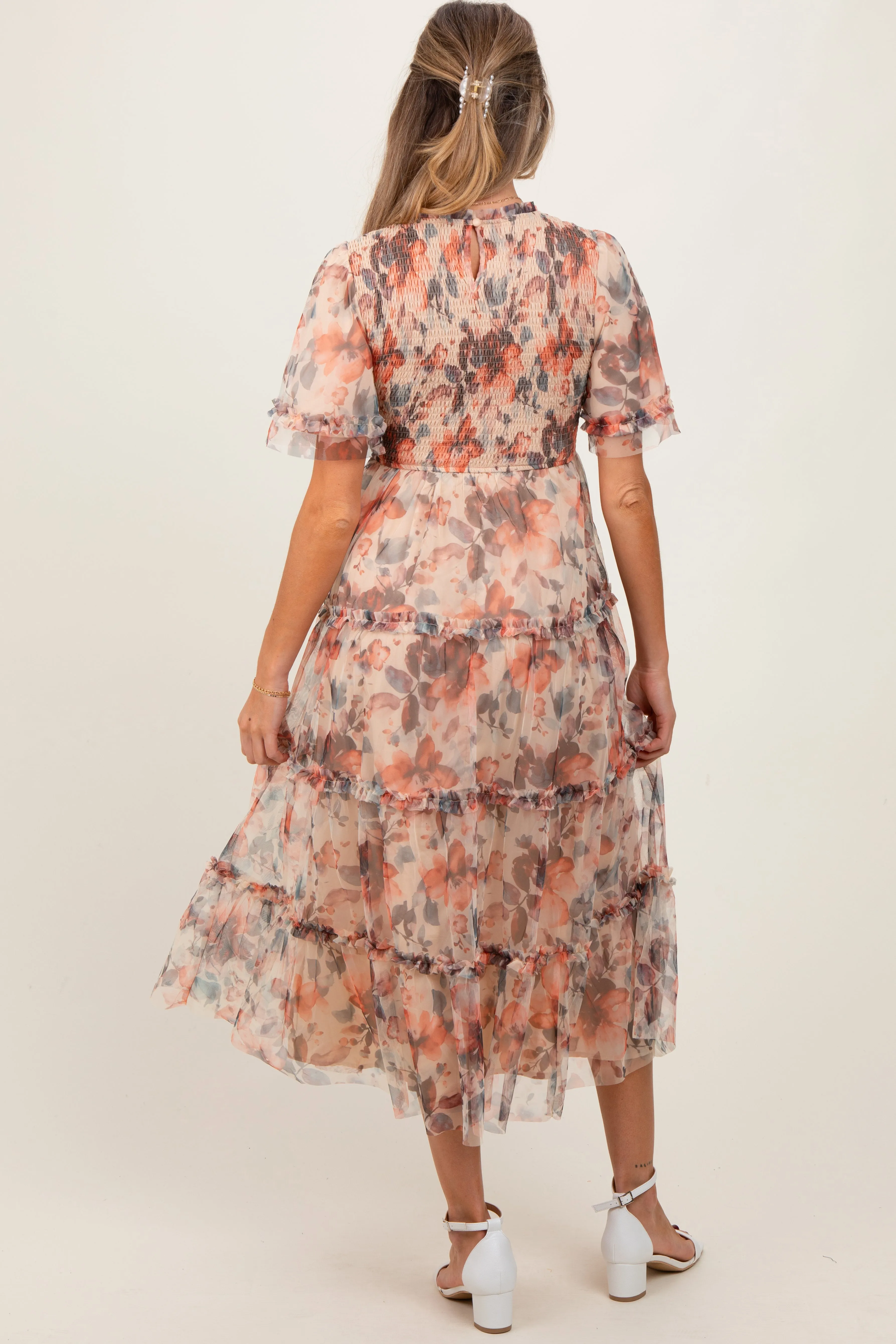 Peach Floral Mesh Smocked Maternity Midi Dress sold by Pinkblush product image thumbnail 4