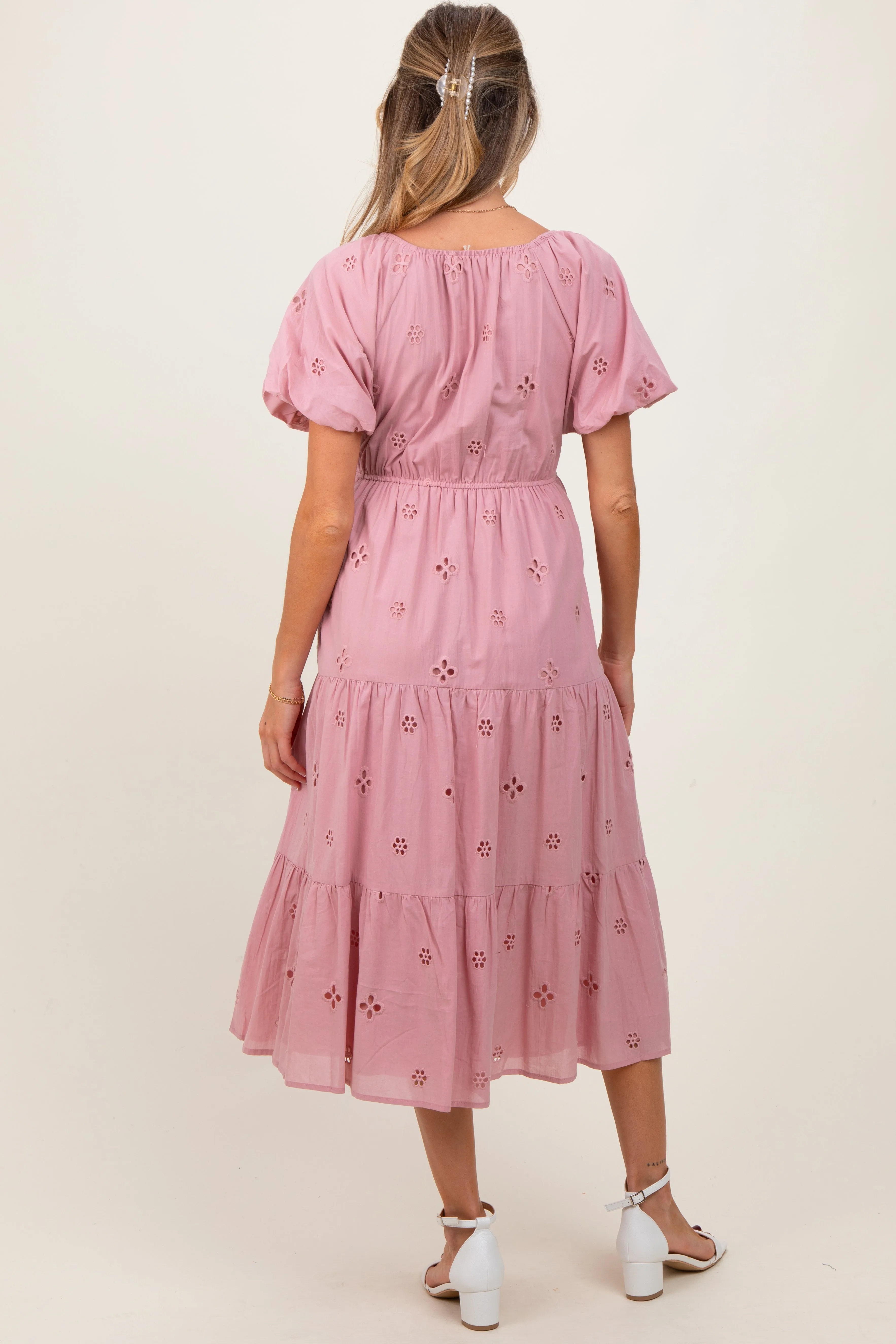 Pink Eyelet Square Neck Maternity Midi Dress sold by Pinkblush product image thumbnail 3