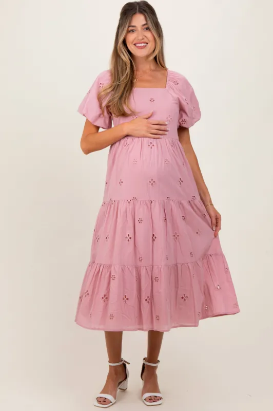 Pink Eyelet Square Neck Maternity Midi Dress sold by Pinkblush