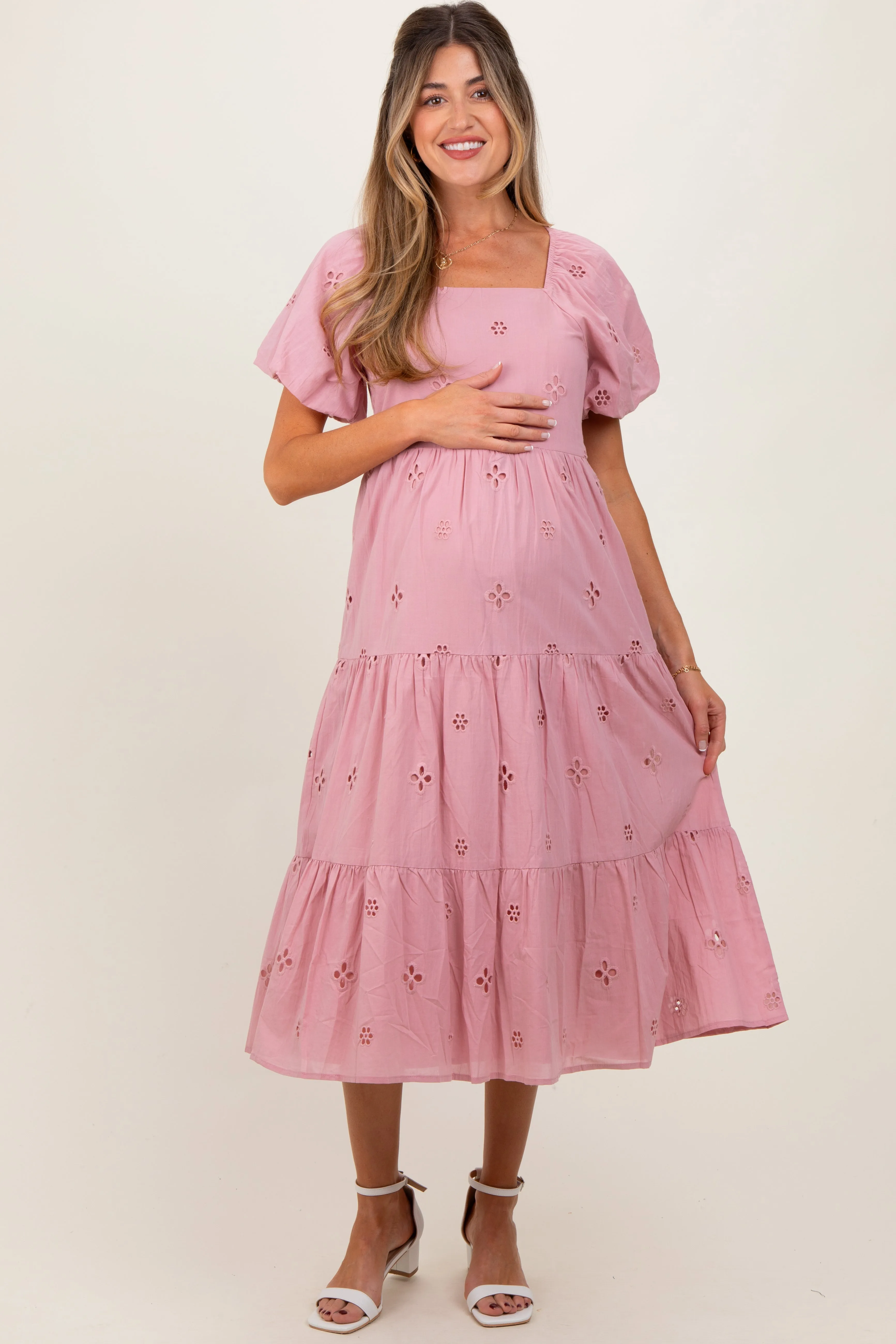 Pink Eyelet Square Neck Maternity Midi Dress sold by Pinkblush