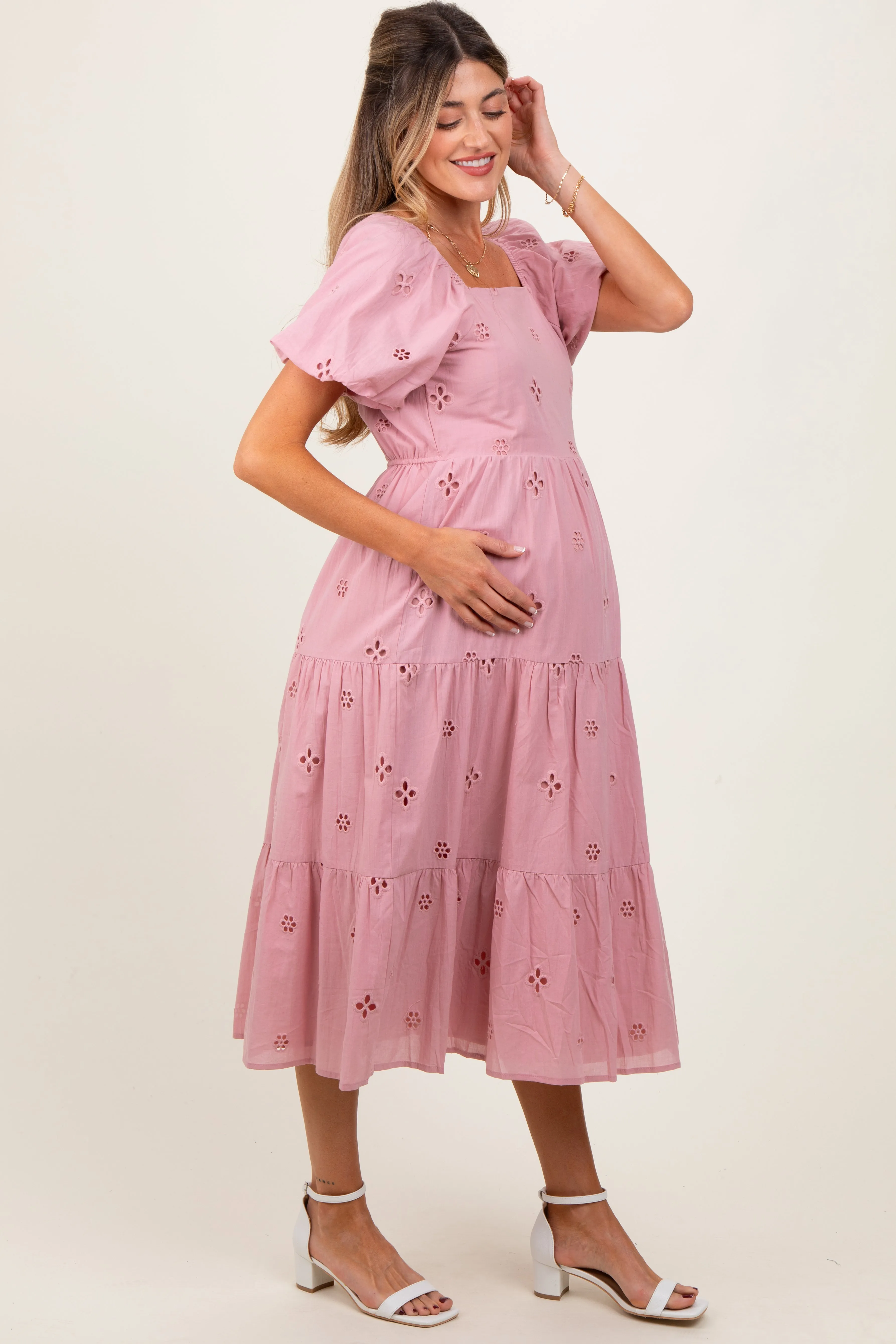 Pink Eyelet Square Neck Maternity Midi Dress sold by Pinkblush product image thumbnail 2