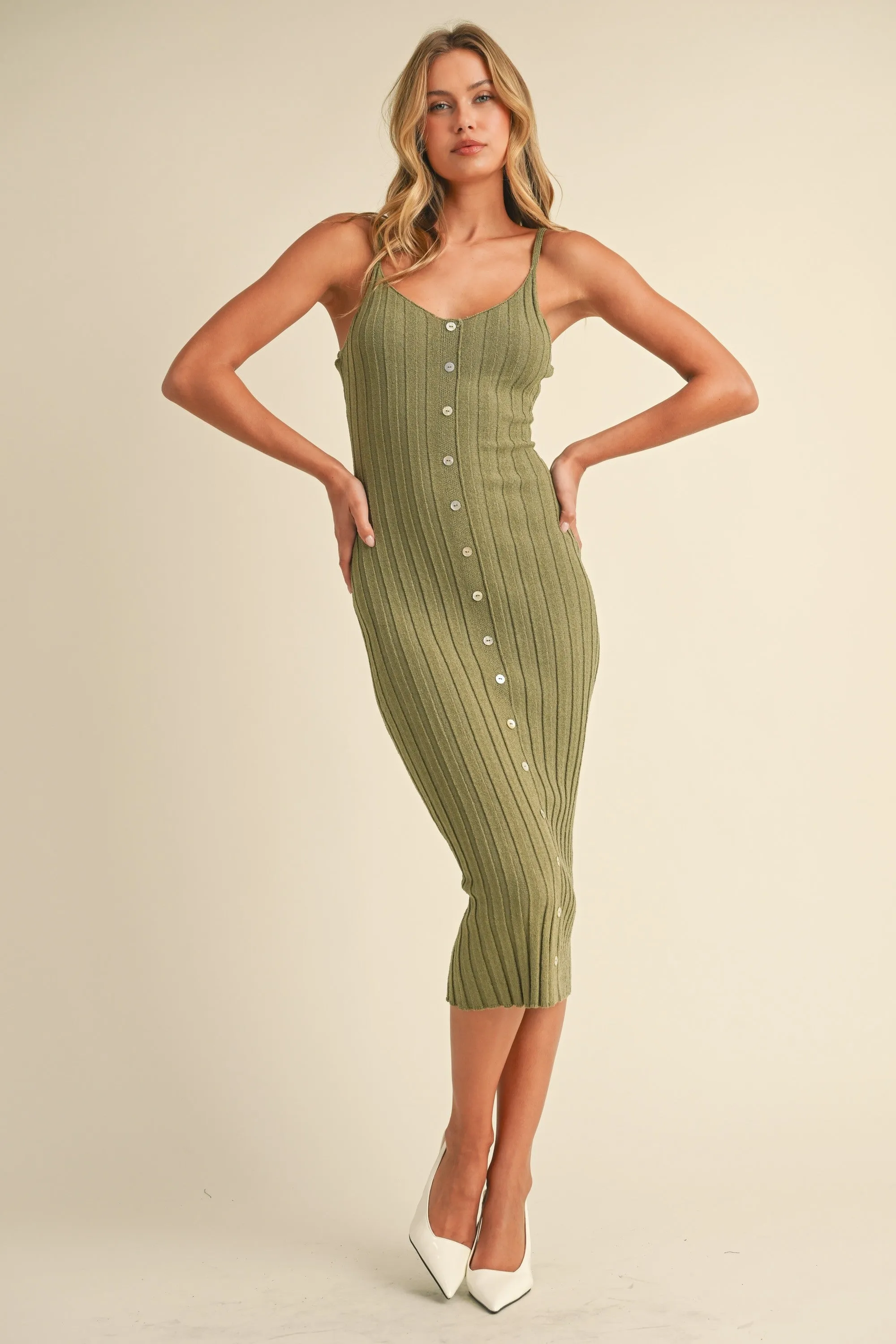 Olive Sleeveless Button Accent Knit Midi Dress sold by Pinkblush product image thumbnail 2