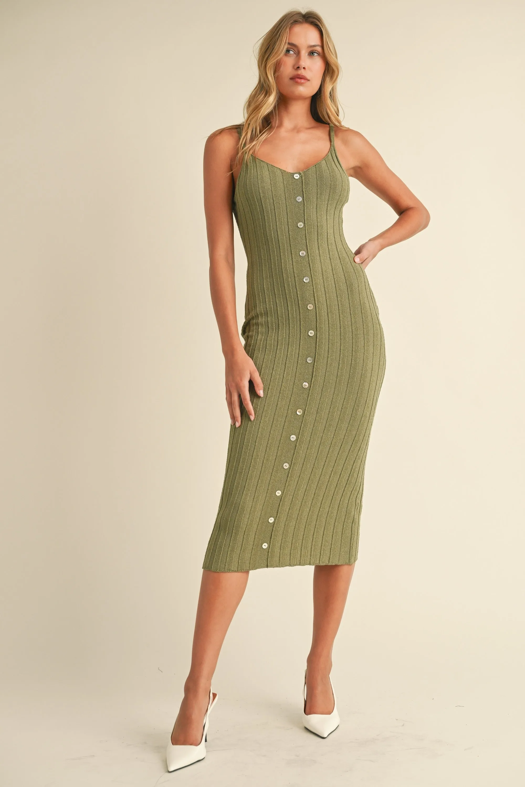 Olive Sleeveless Button Accent Knit Midi Dress sold by Pinkblush