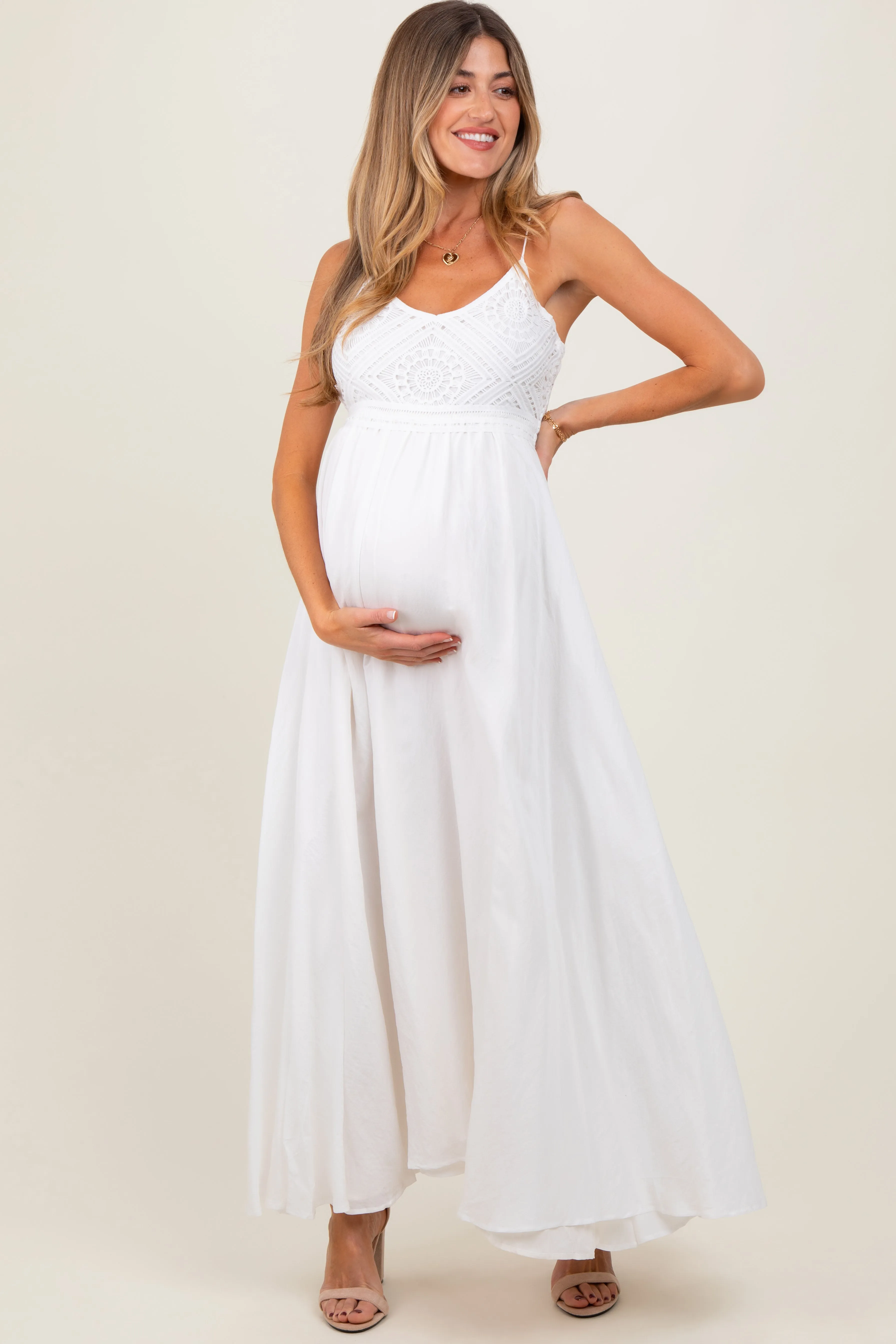White Crochet Bodice Maternity Maxi Dress sold by Pinkblush