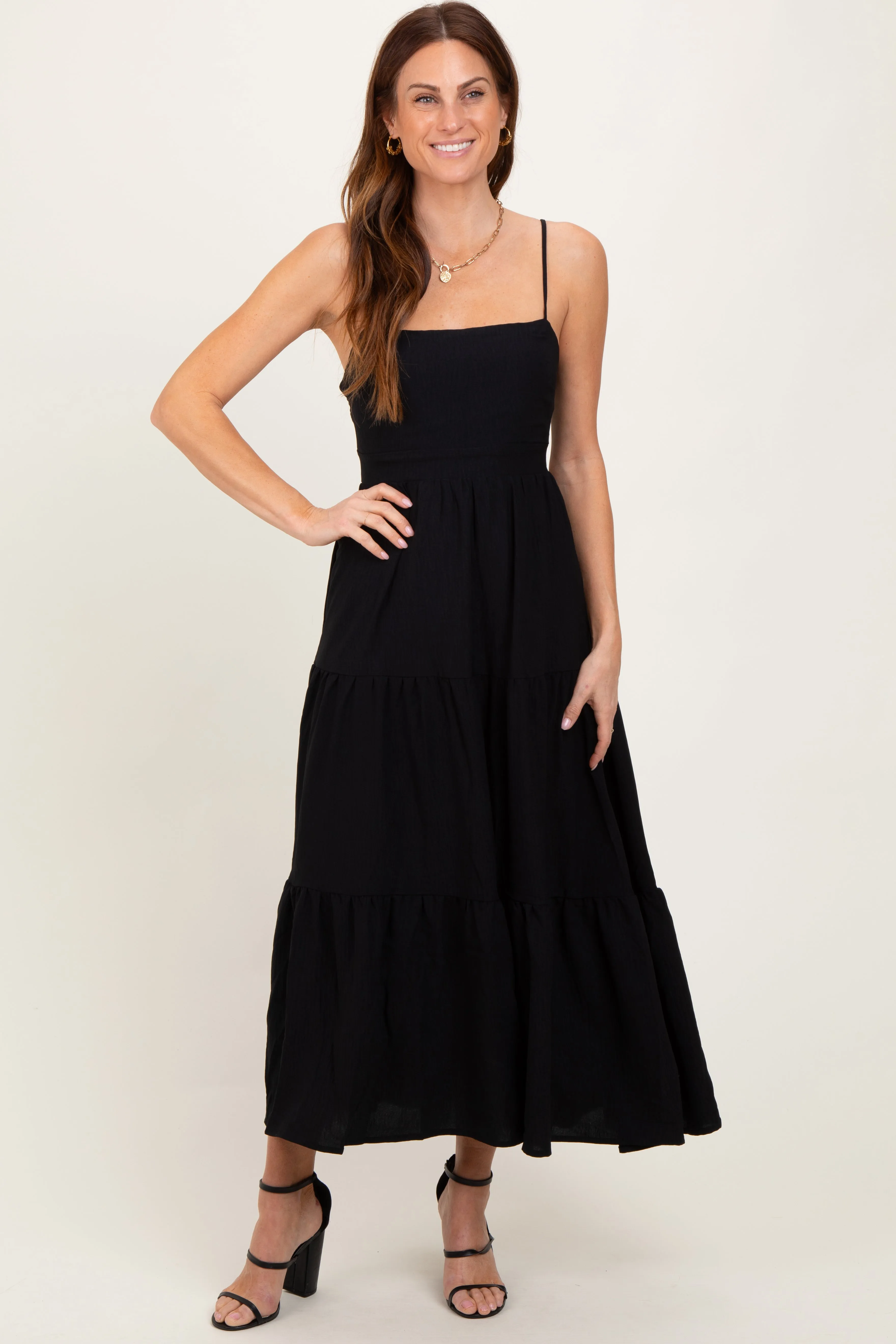 Black Tiered Cutout Tie Back Maternity Midi Dress sold by Pinkblush product image thumbnail 5