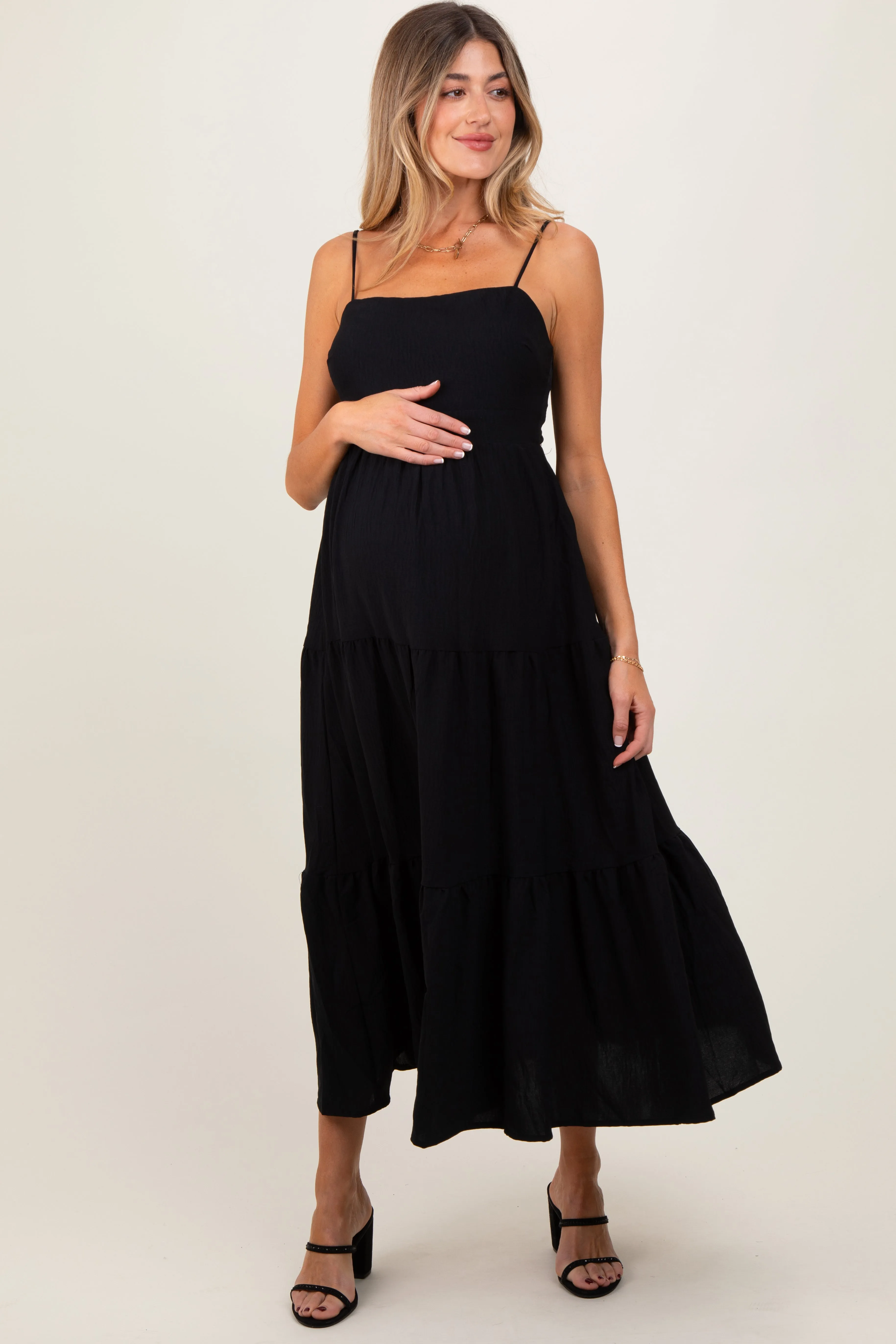 Black Tiered Cutout Tie Back Maternity Midi Dress sold by Pinkblush product image thumbnail 2