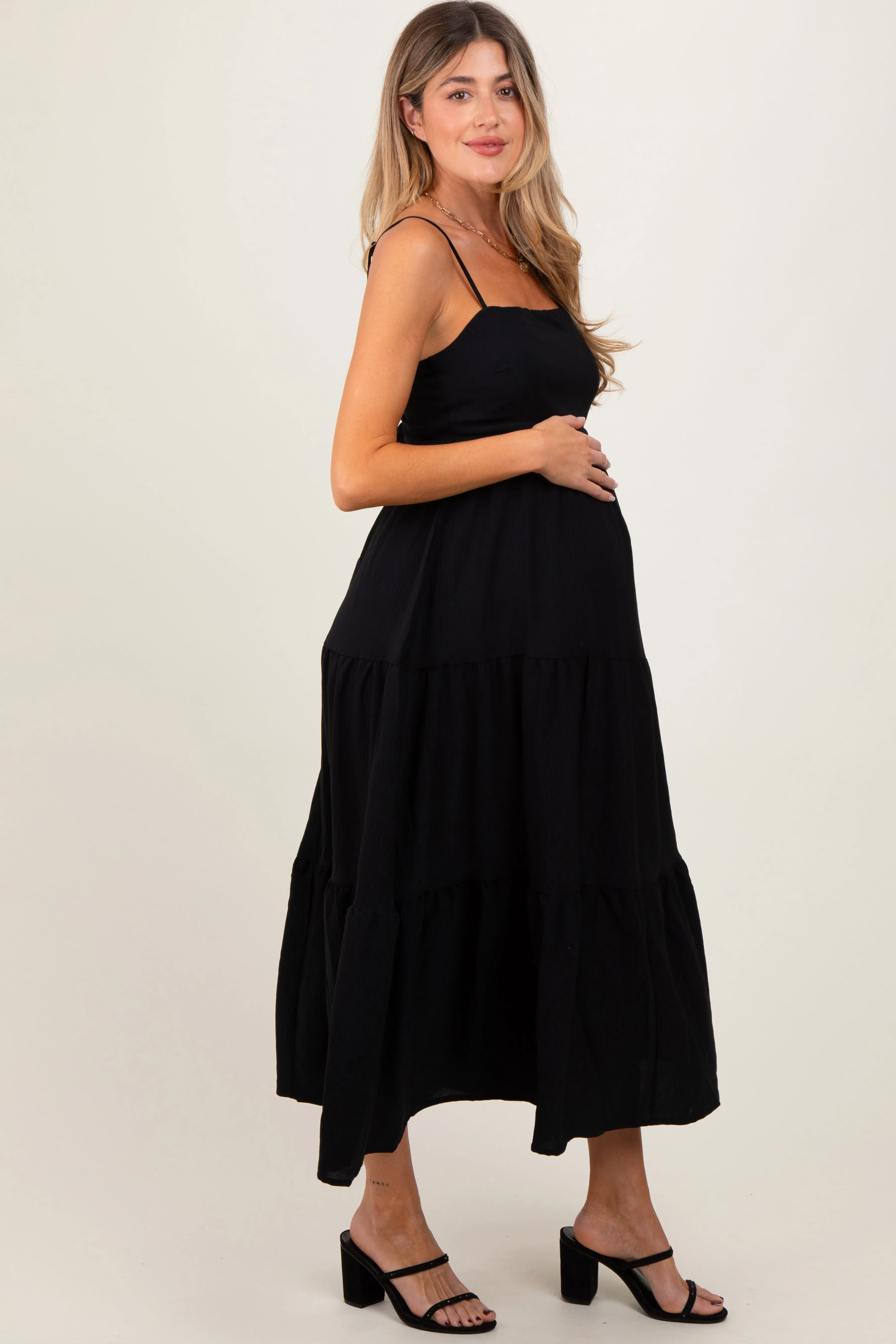 Black Tiered Cutout Tie Back Maternity Midi Dress sold by Pinkblush product image thumbnail 3
