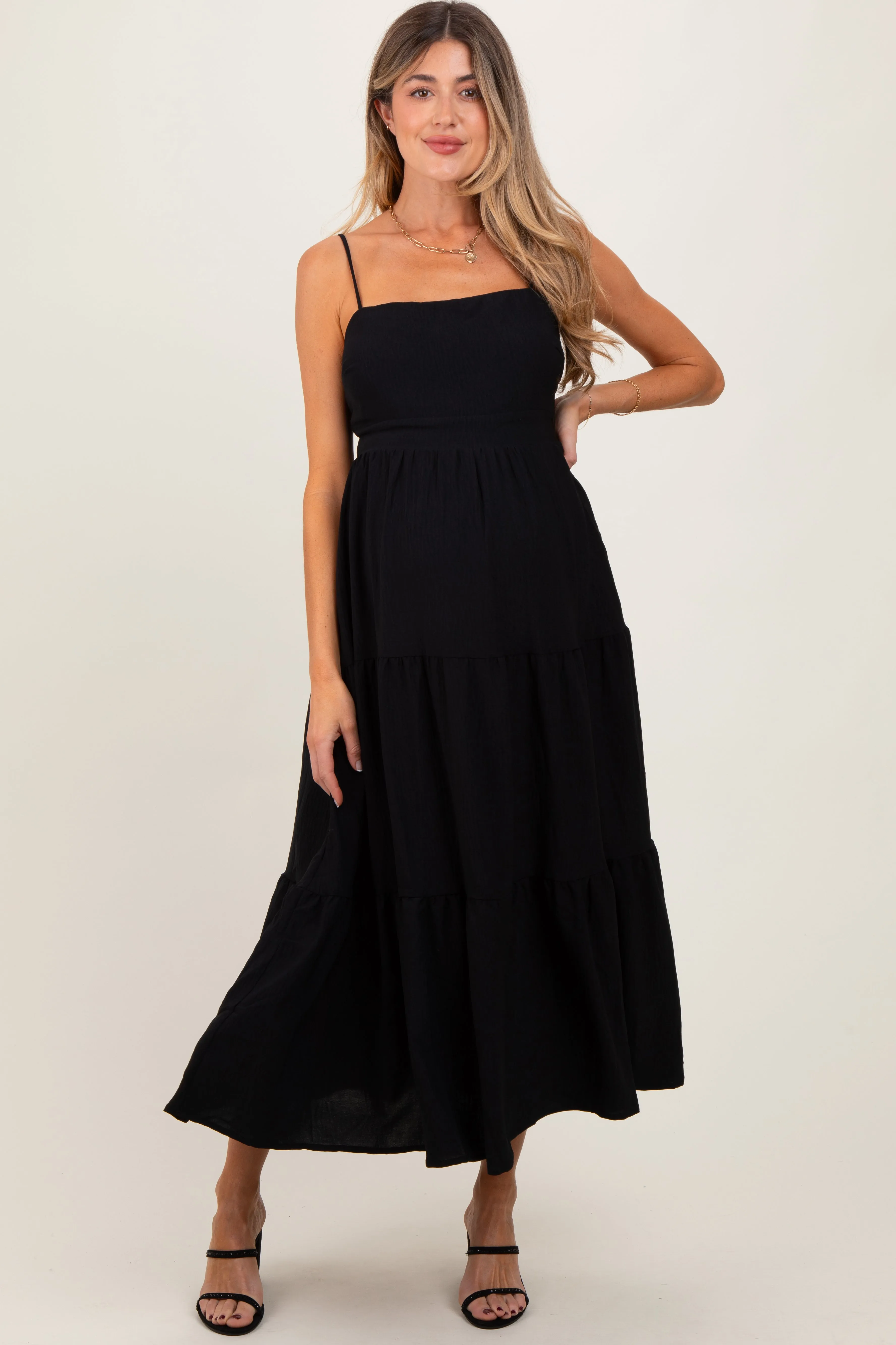 Black Tiered Cutout Tie Back Maternity Midi Dress sold by Pinkblush