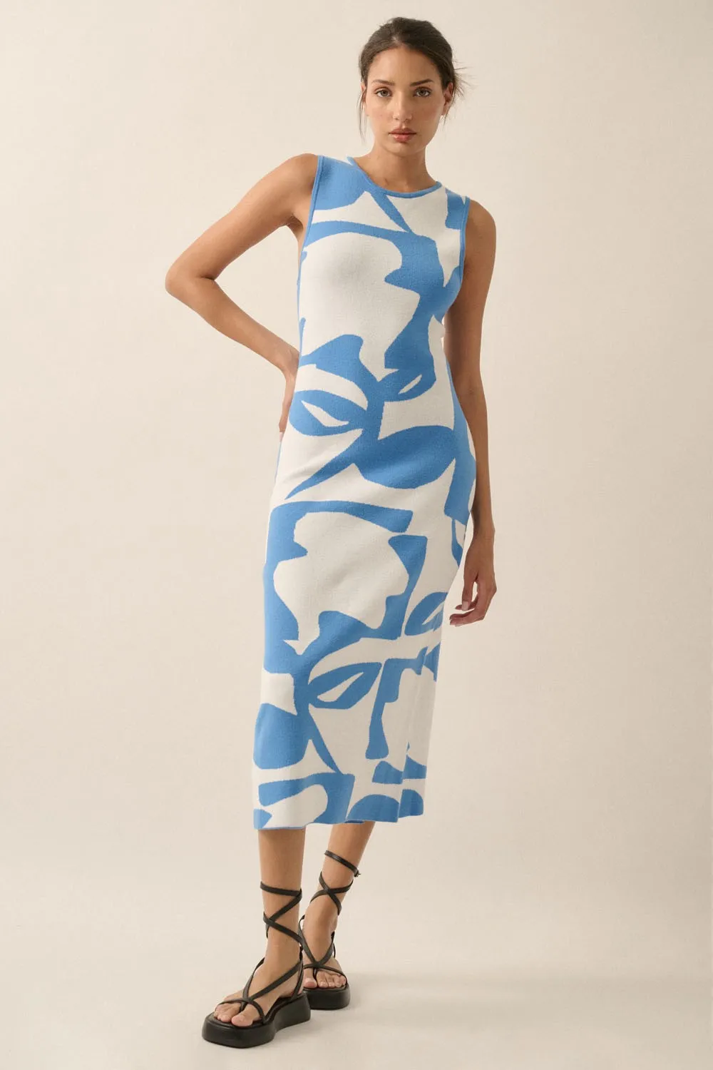 Blue Abstract Print Knit Sleeveless Midi Dress sold by Pinkblush