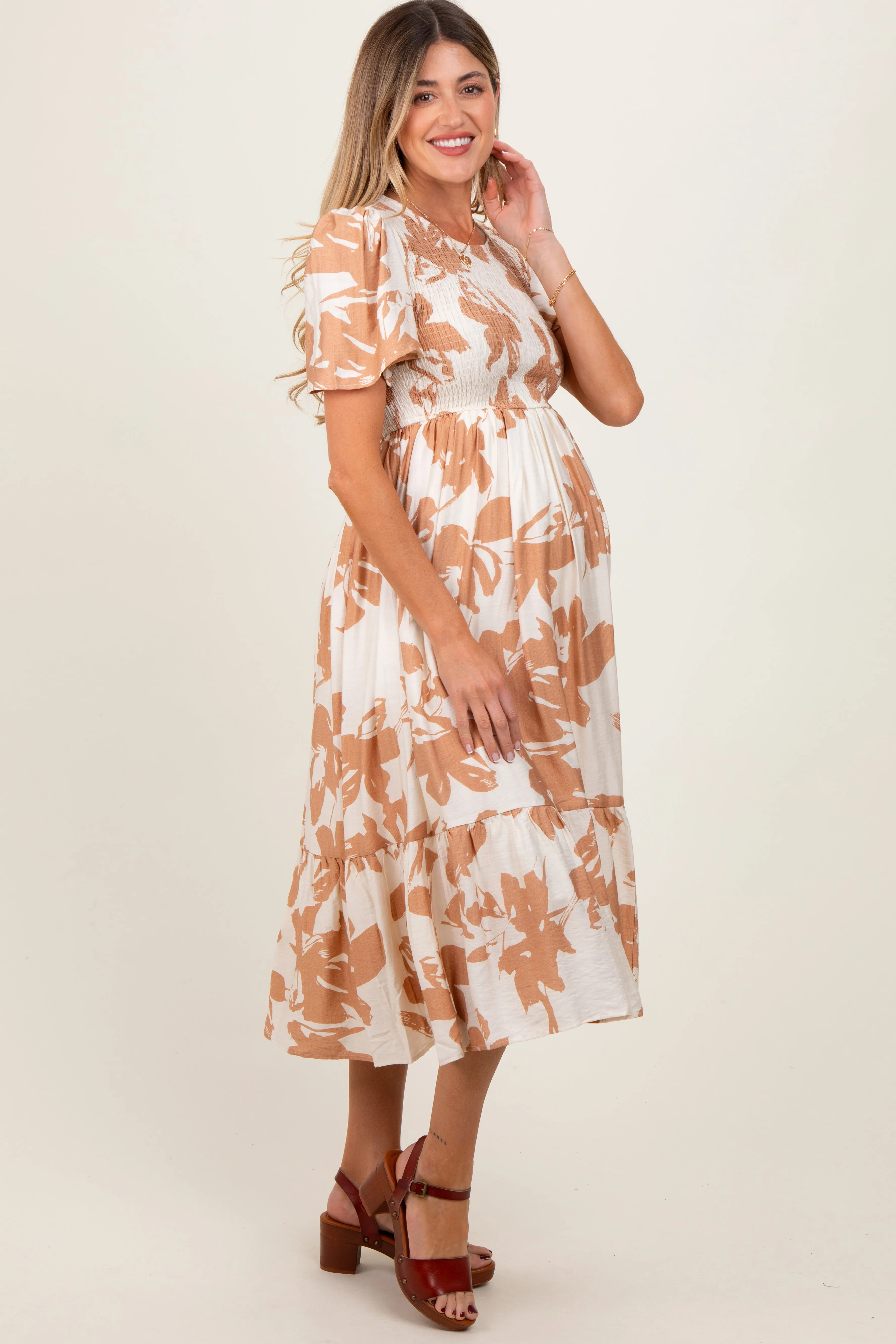 Cream Floral Smocked Short Sleeve Maternity Midi Dress sold by Pinkblush product image thumbnail 3