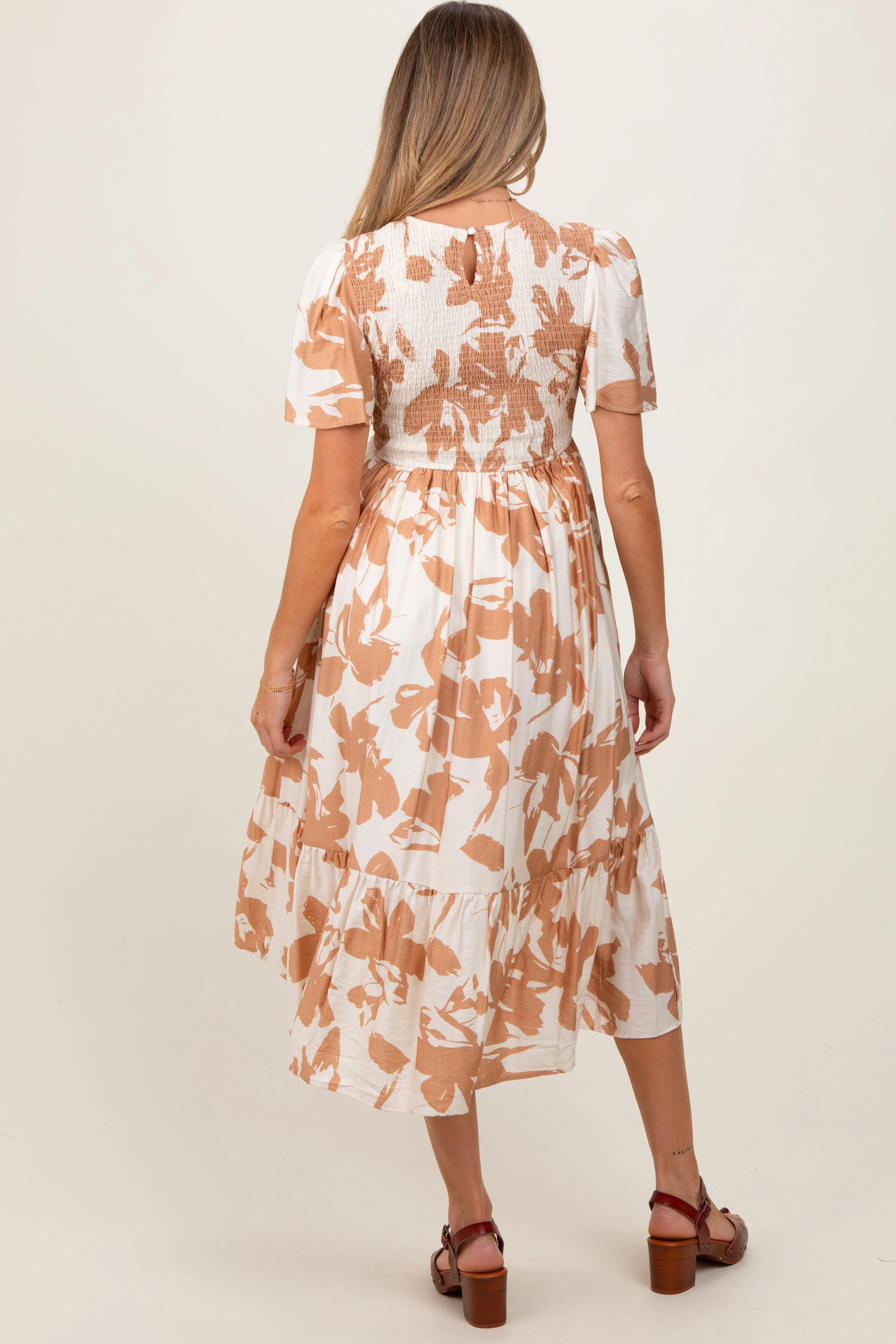 Cream Floral Smocked Short Sleeve Maternity Midi Dress sold by Pinkblush product image thumbnail 4