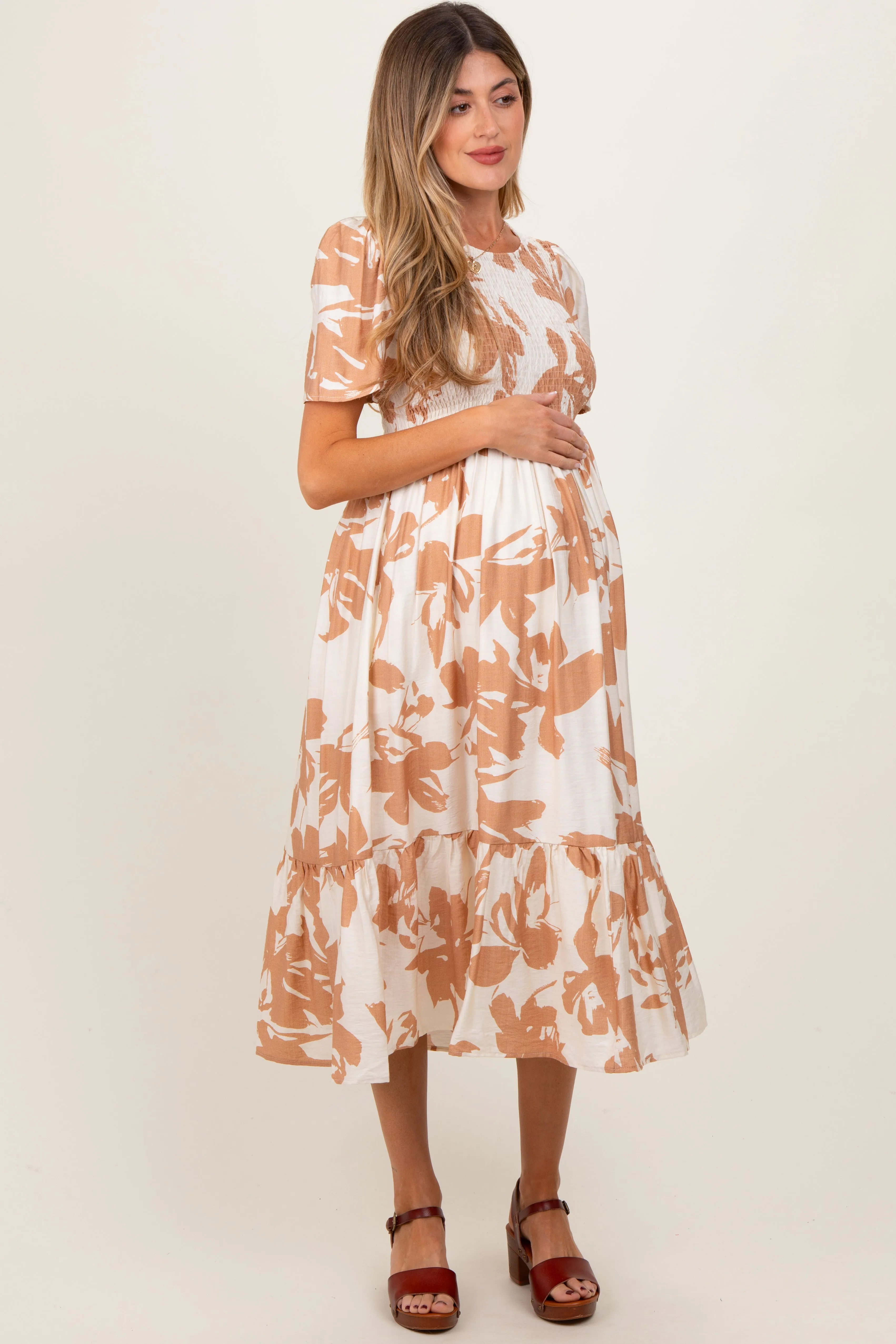 Cream Floral Smocked Short Sleeve Maternity Midi Dress sold by Pinkblush product image thumbnail 2