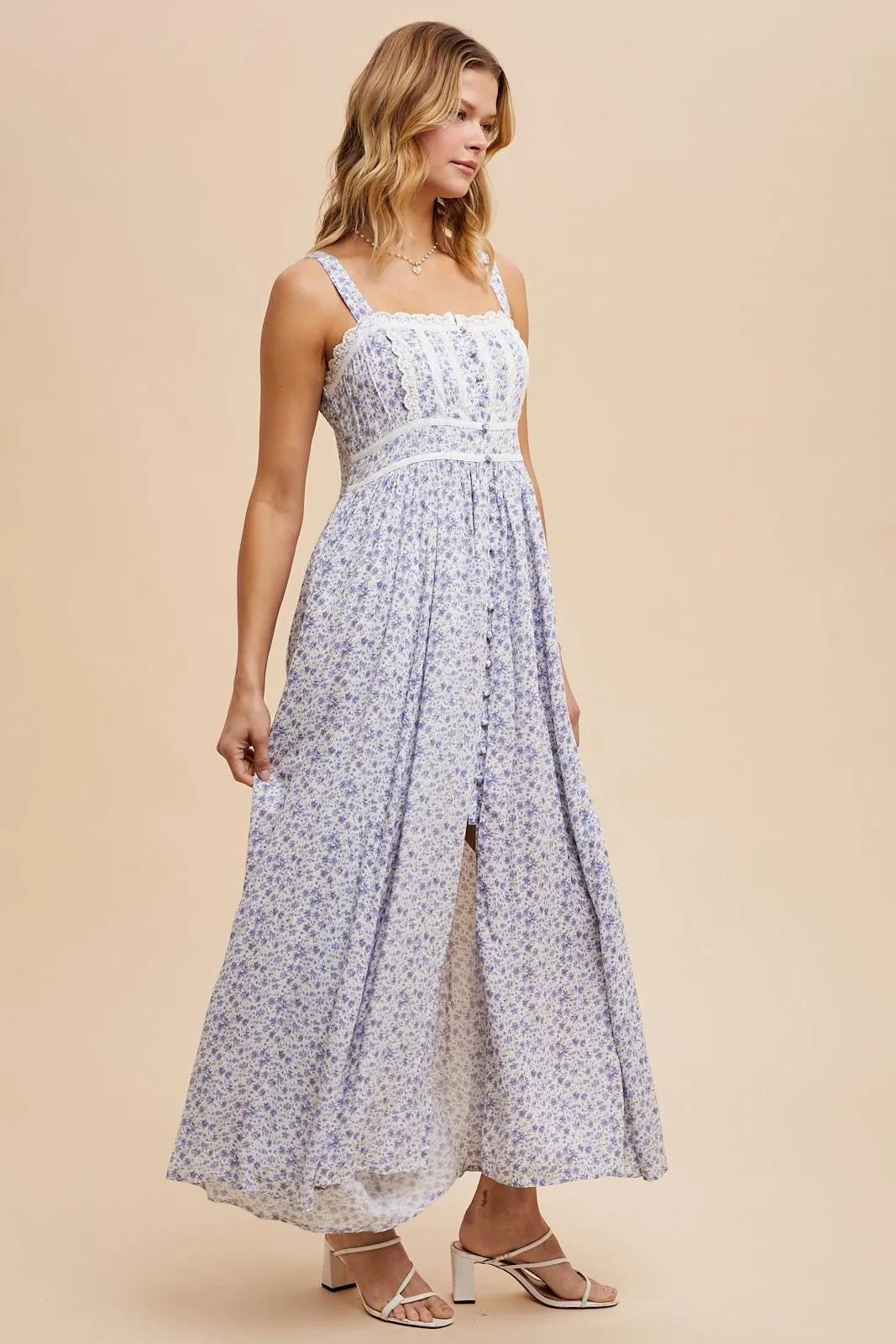 Light Blue Floral Button Down Sleeveless Maxi Dress sold by Pinkblush product image thumbnail 3