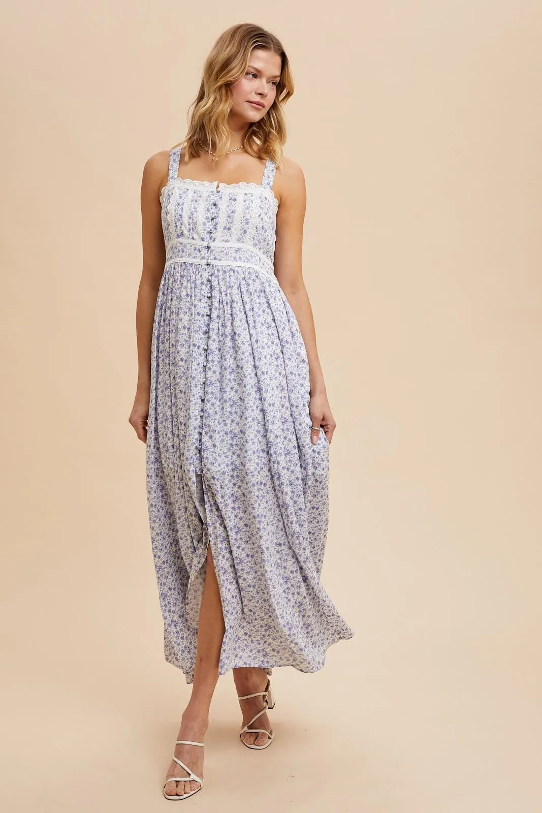 Light Blue Floral Button Down Sleeveless Maxi Dress sold by Pinkblush