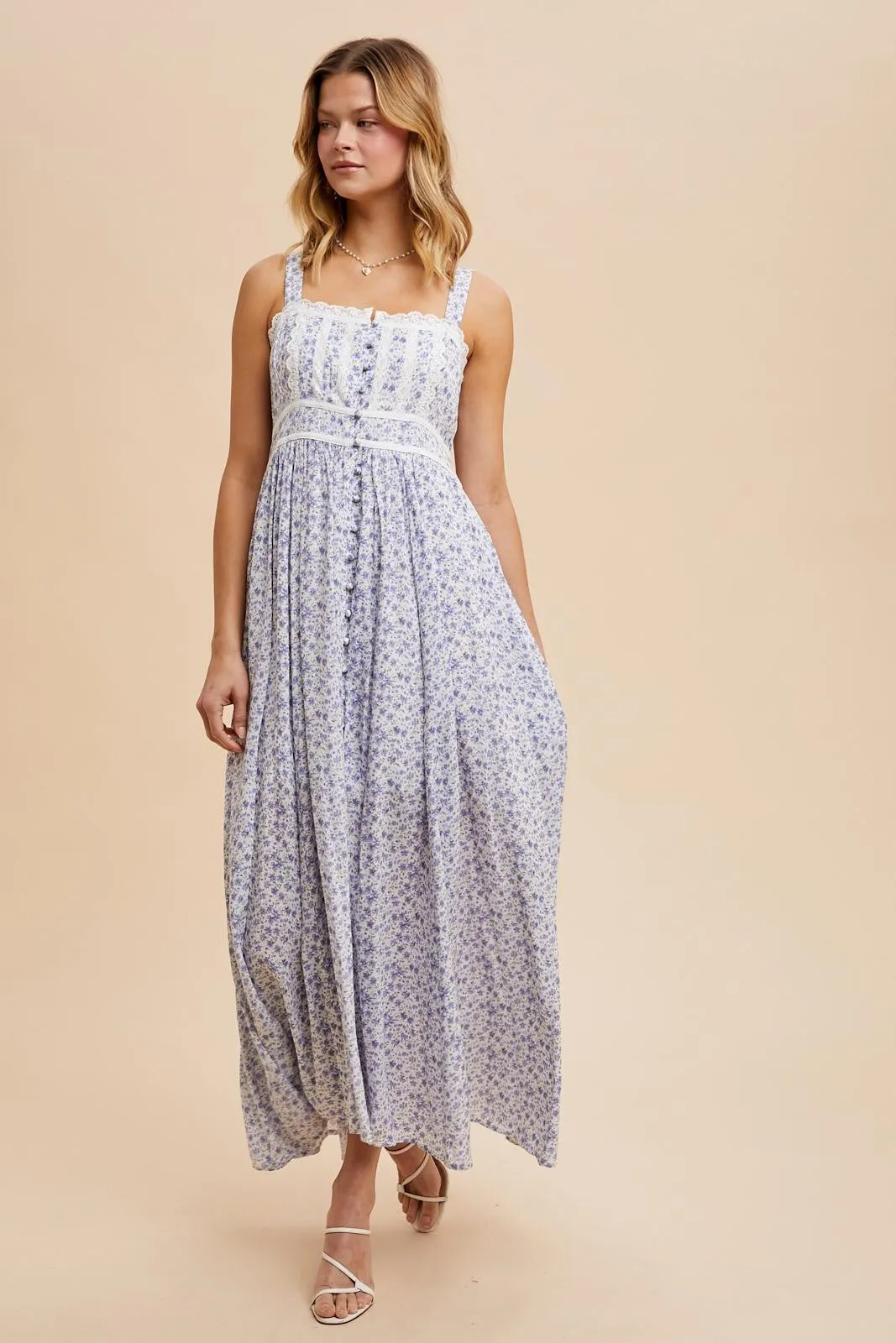 Light Blue Floral Button Down Sleeveless Maxi Dress sold by Pinkblush product image thumbnail 2
