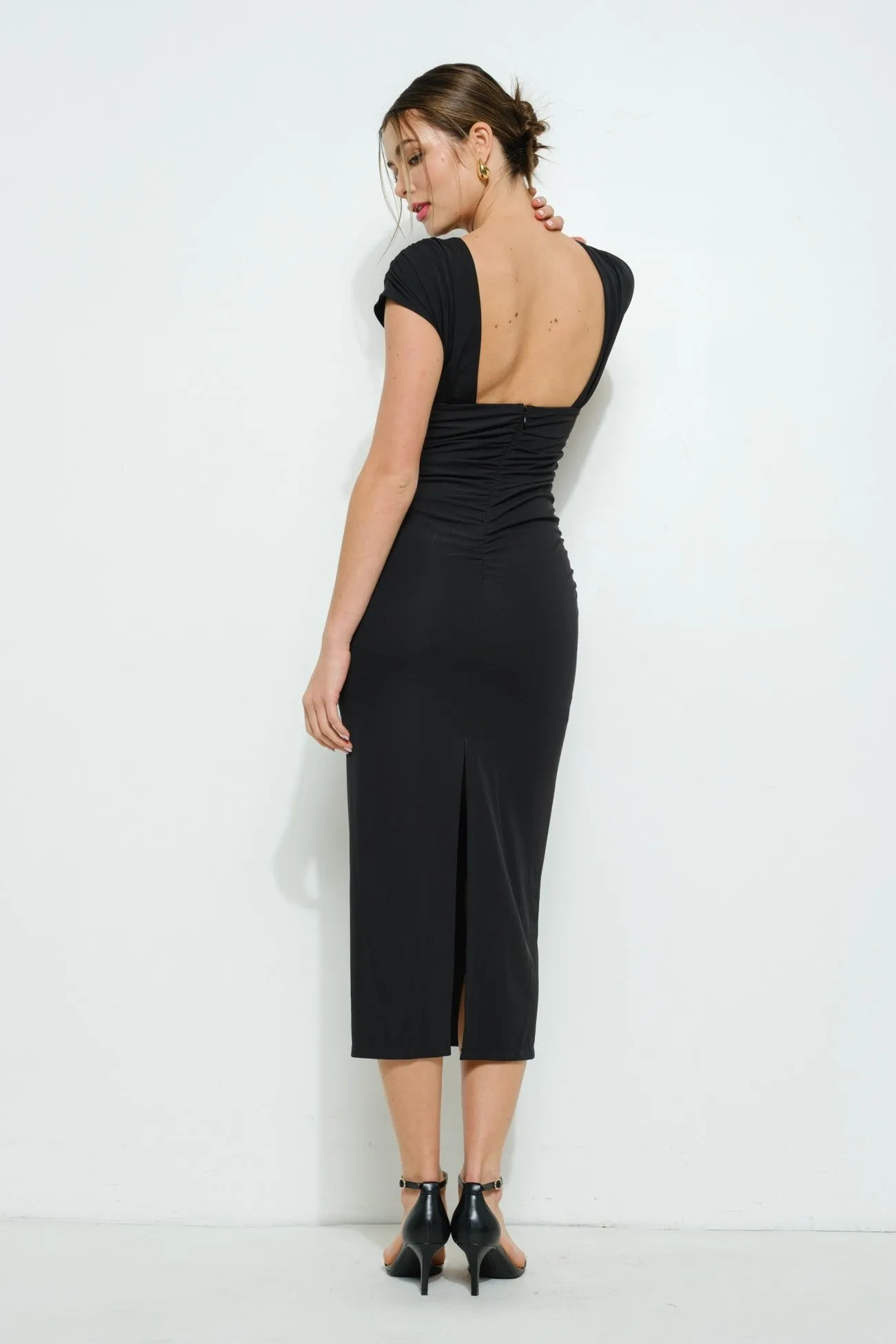 Black Asymmetrical Cutout Ruched Midi Dress sold by Pinkblush product image thumbnail 4