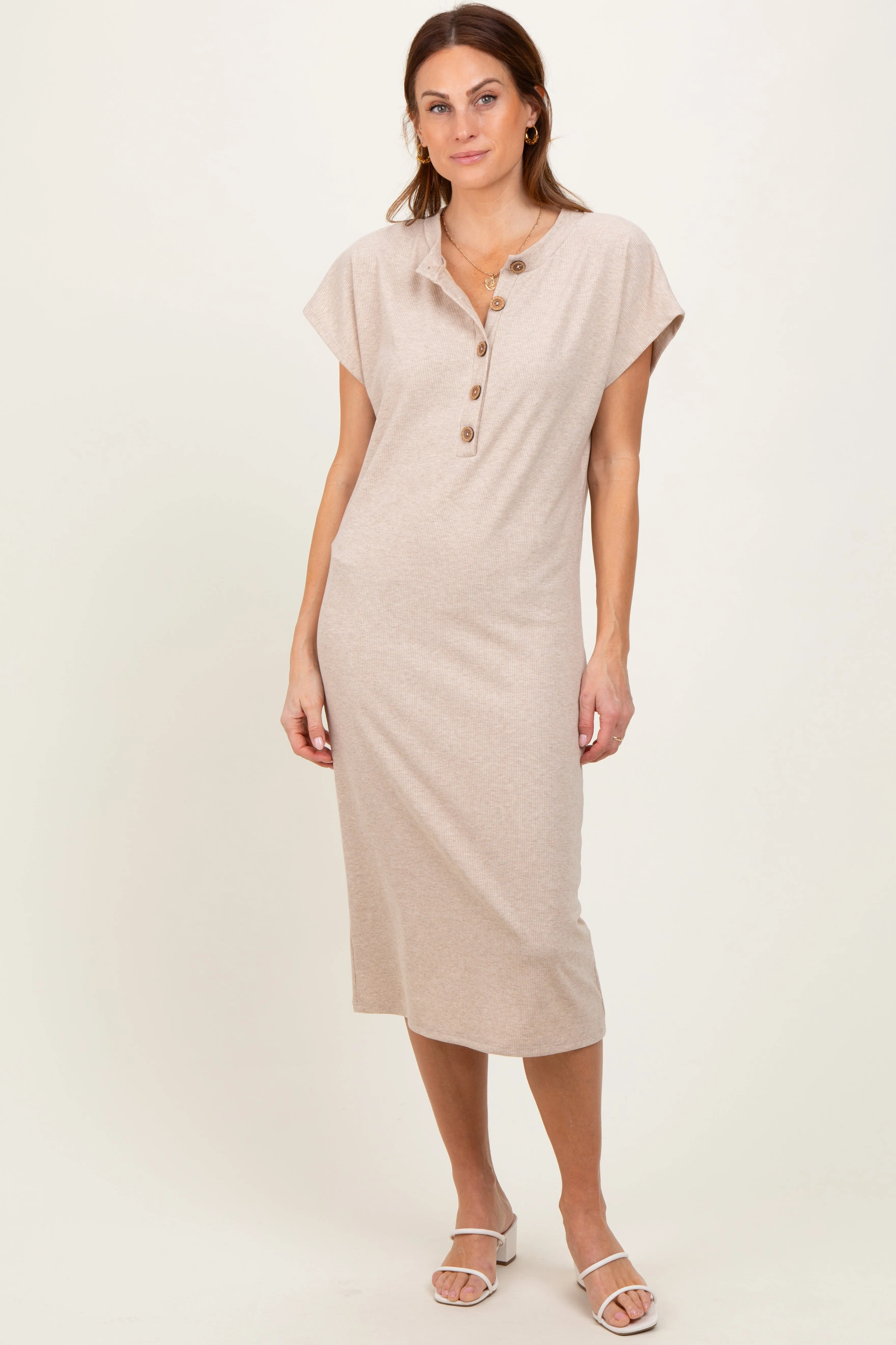 Beige Solid Ribbed Short Sleeve Button Down Knit Maternity Midi Dress sold by Pinkblush product image thumbnail 4