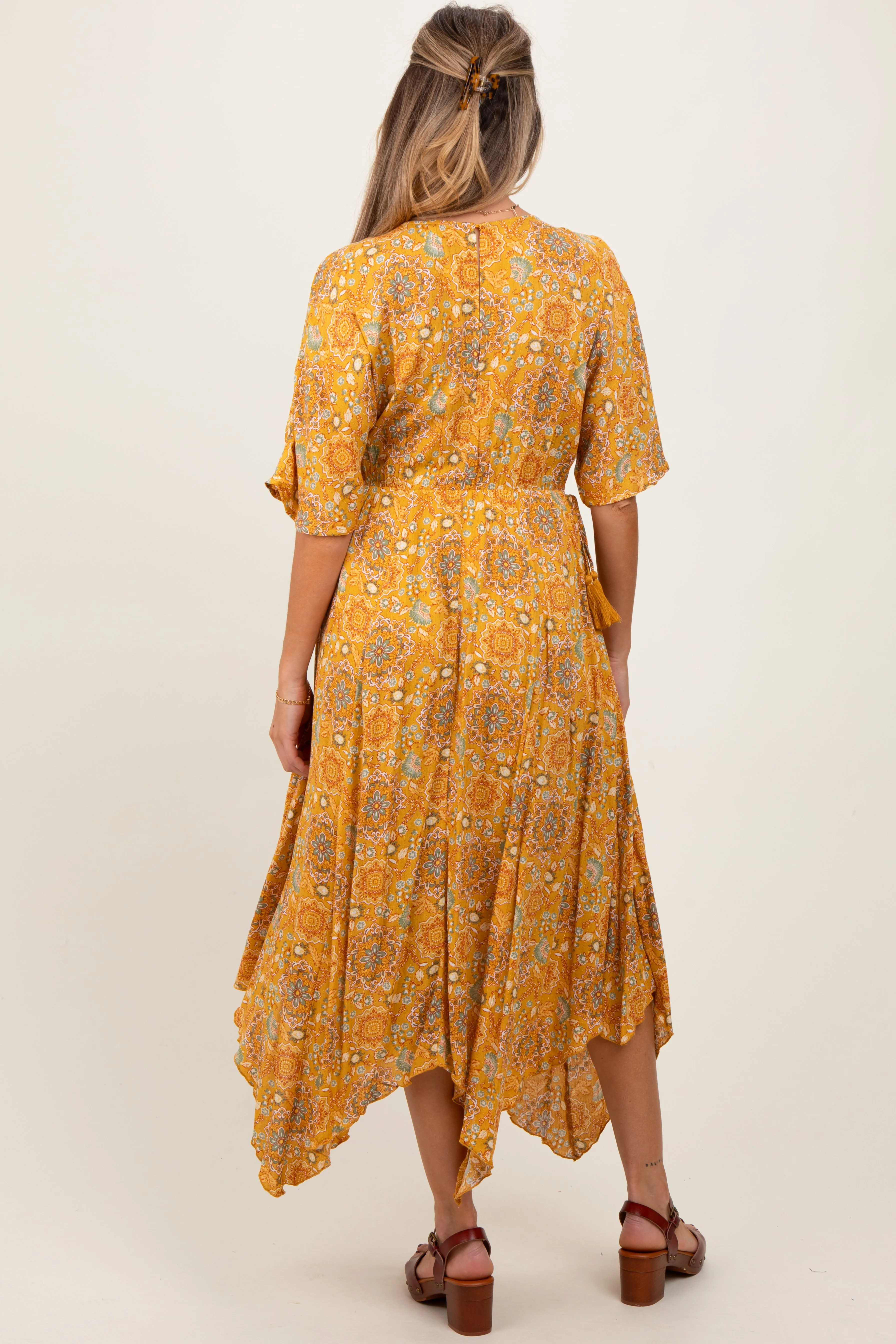 Yellow Printed Deep V-Neck Handkerchief Hem Maternity Maxi Dress sold by Pinkblush product image thumbnail 3