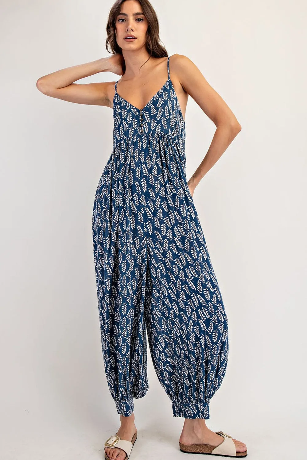 Navy Leaf Print Sleeveless Barrel Leg Jumpsuit sold by Pinkblush