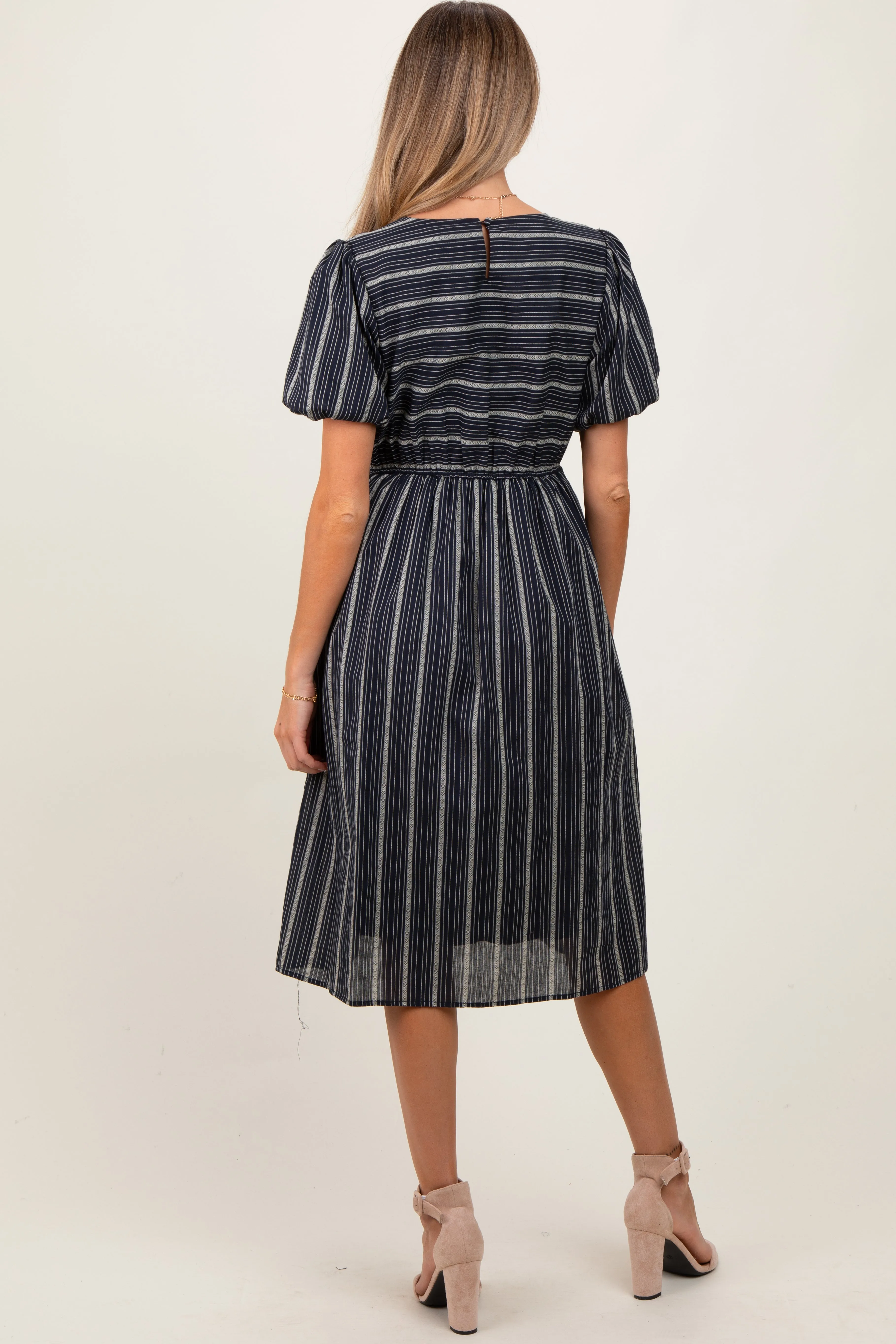 Navy Blue Striped Short Sleeve Maternity Midi Dress sold by Pinkblush product image thumbnail 2