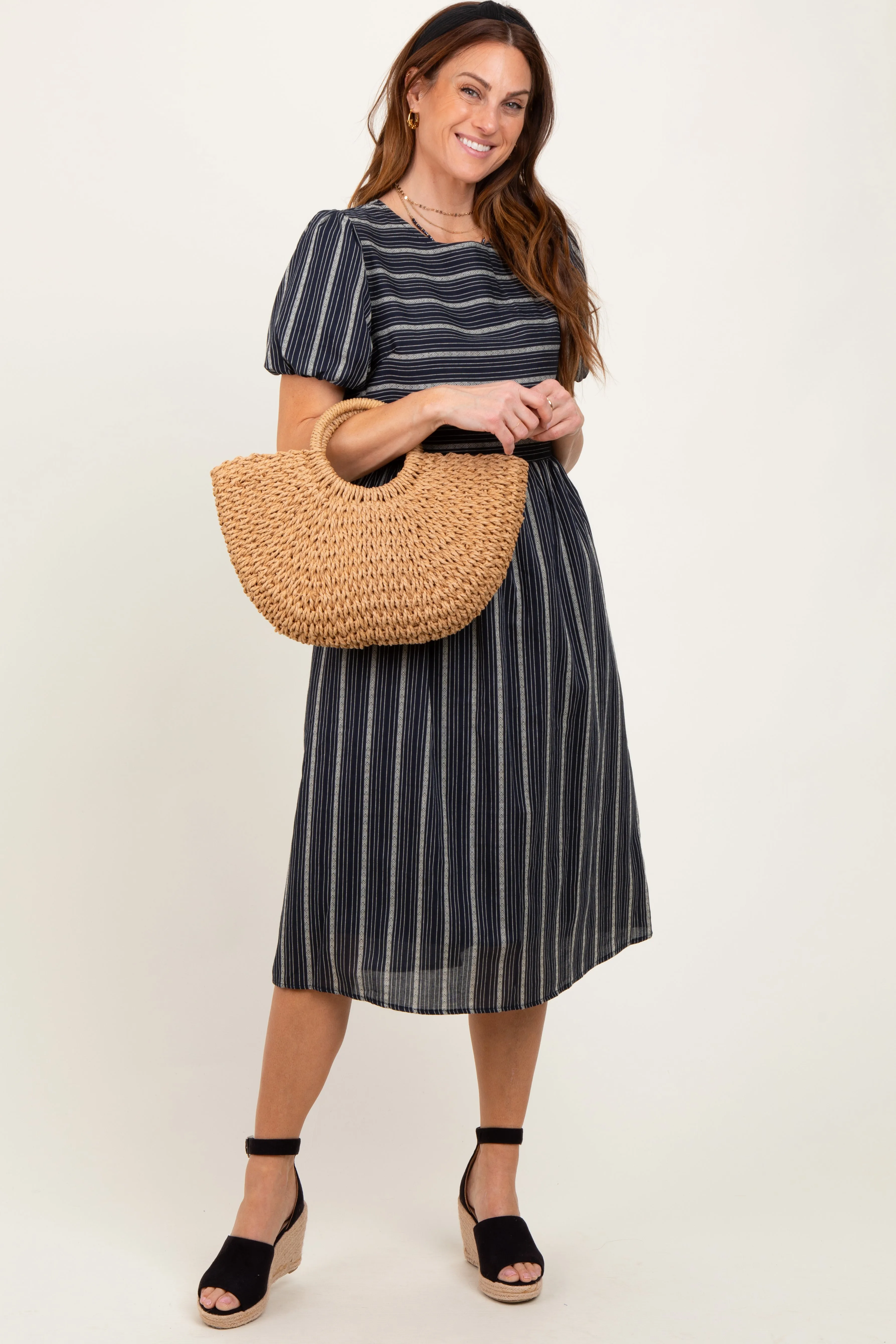Navy Blue Striped Short Sleeve Maternity Midi Dress sold by Pinkblush product image thumbnail 3