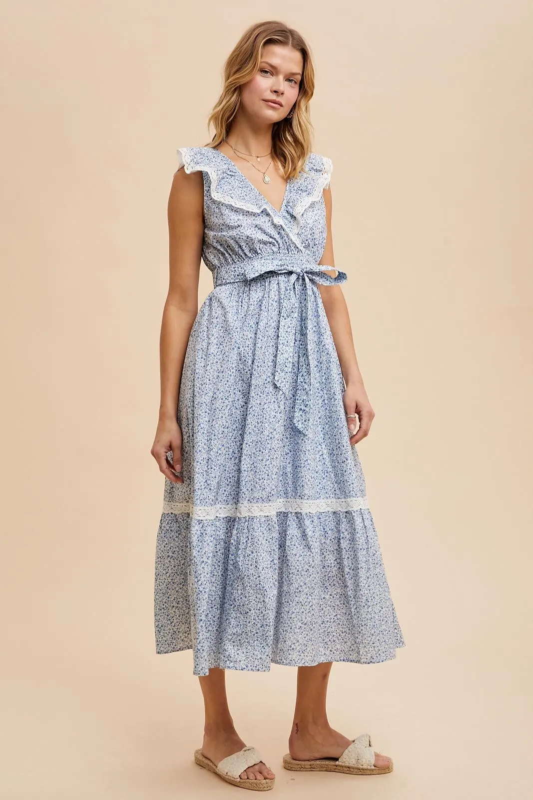 Light Blue Ruffled Floral Cotton Maxi Dress sold by Pinkblush product image thumbnail 3