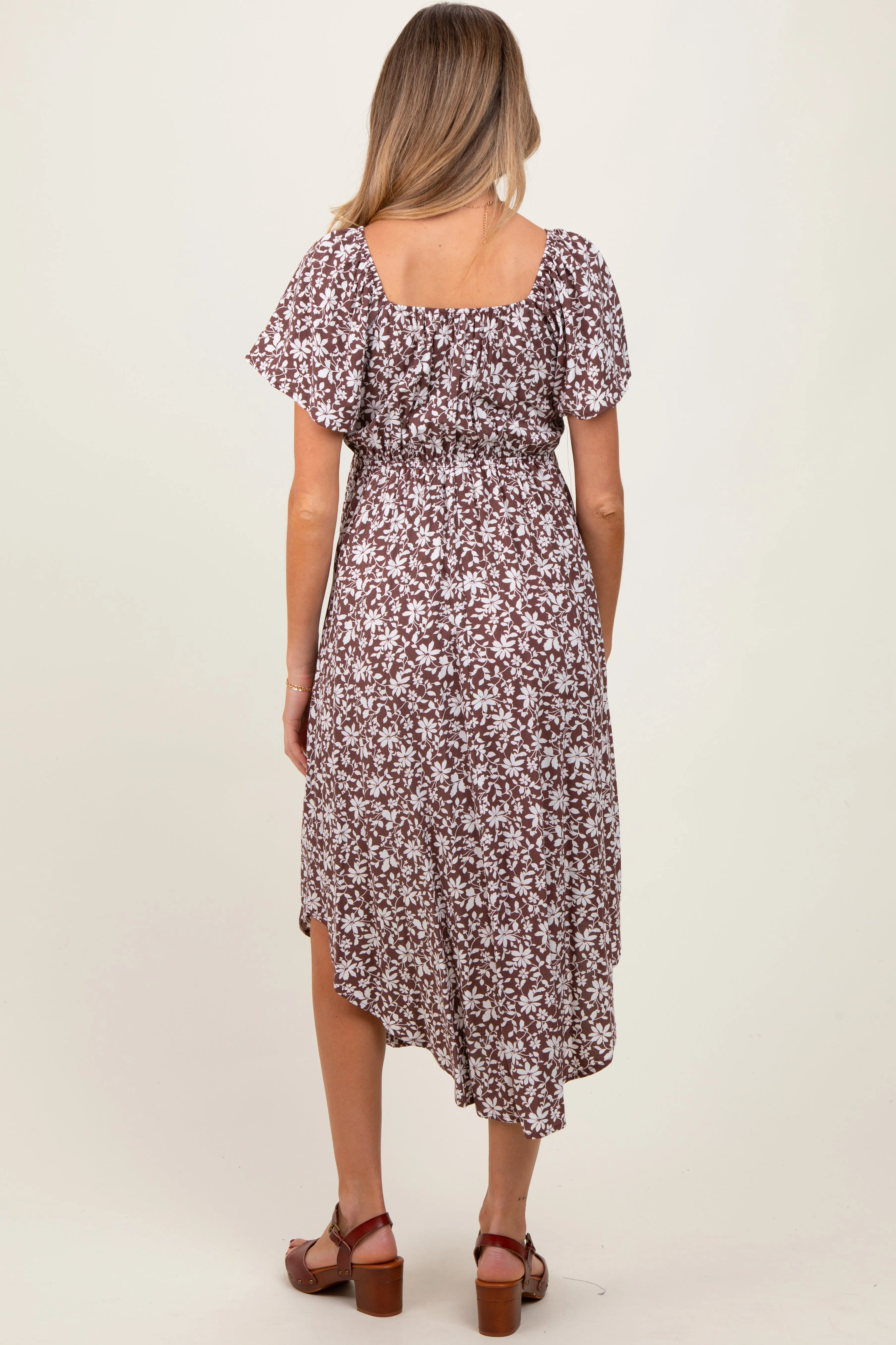 Brown Floral Ruched Tie Front Maternity Midi Dress sold by Pinkblush product image thumbnail 4