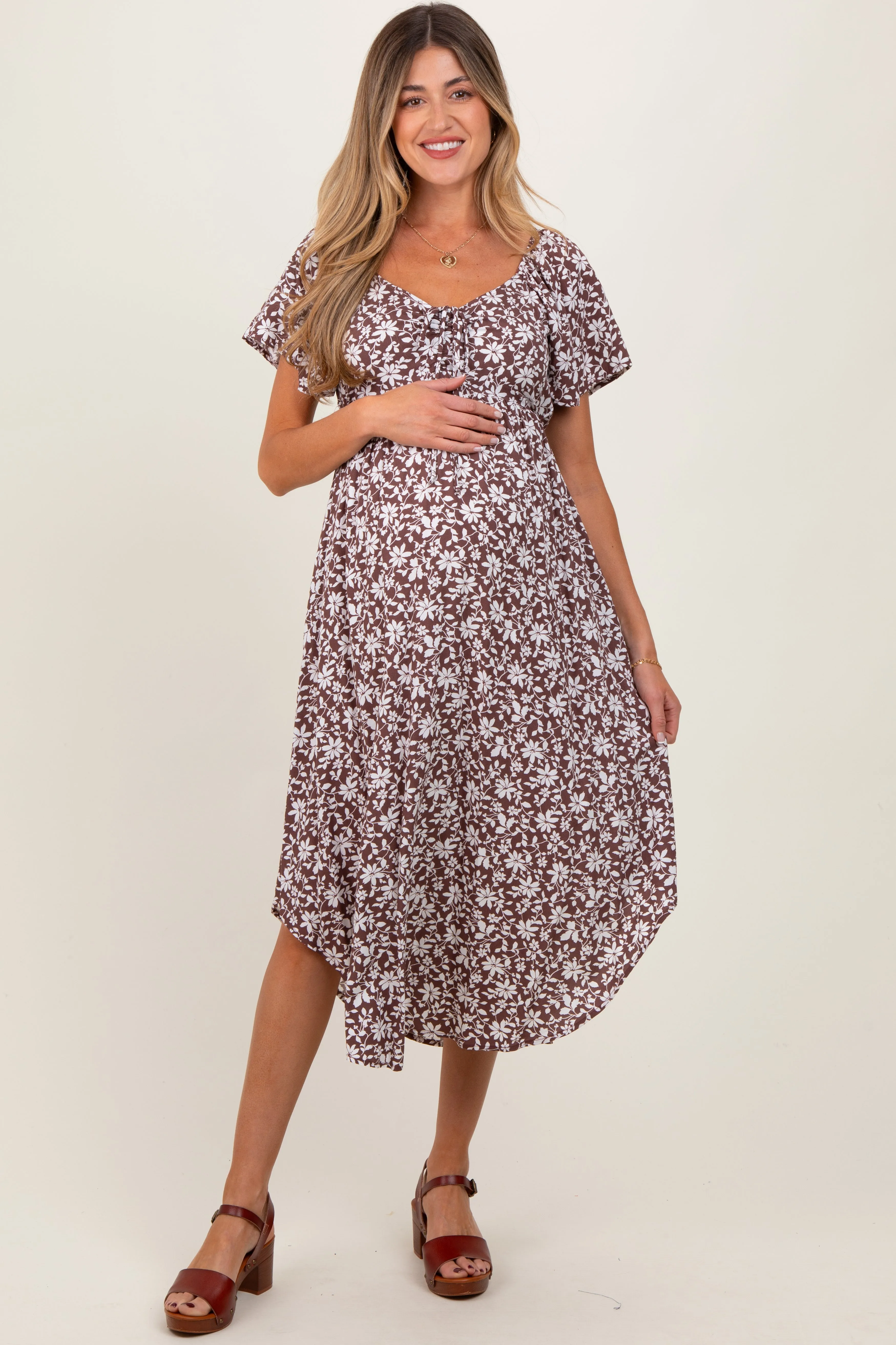 Brown Floral Ruched Tie Front Maternity Midi Dress sold by Pinkblush