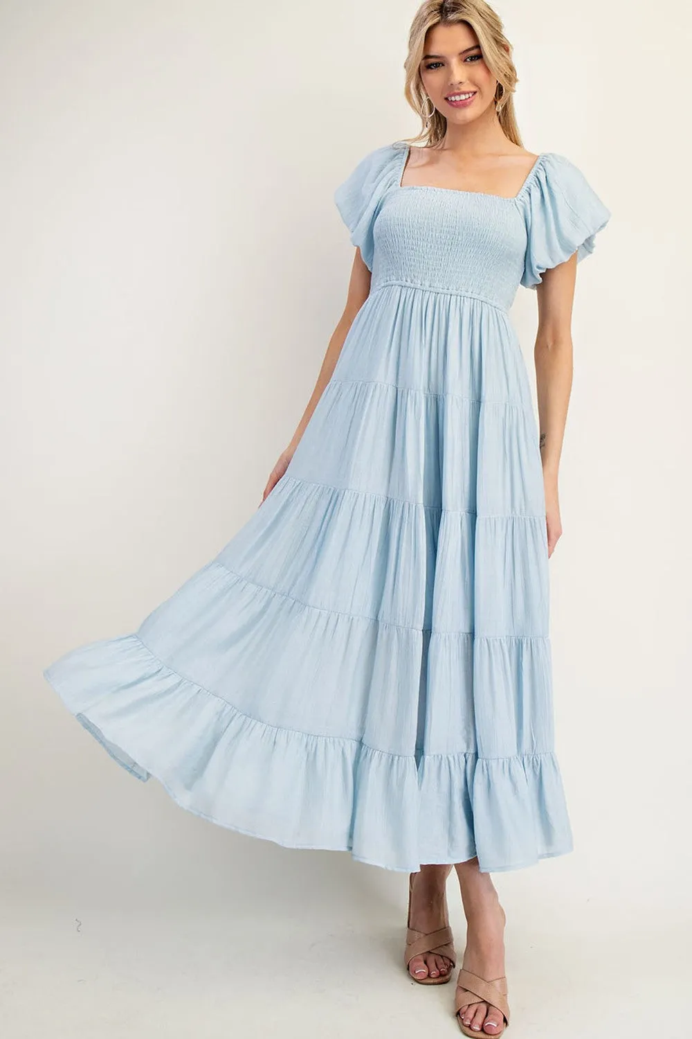 Light Blue Smocked Puff Sleeve Tiered Maxi Dress sold by Pinkblush product image thumbnail 2