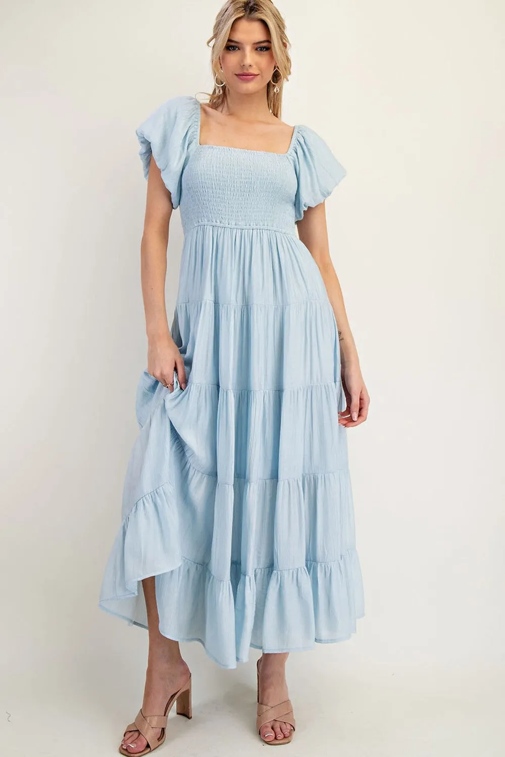 Light Blue Smocked Puff Sleeve Tiered Maxi Dress sold by Pinkblush