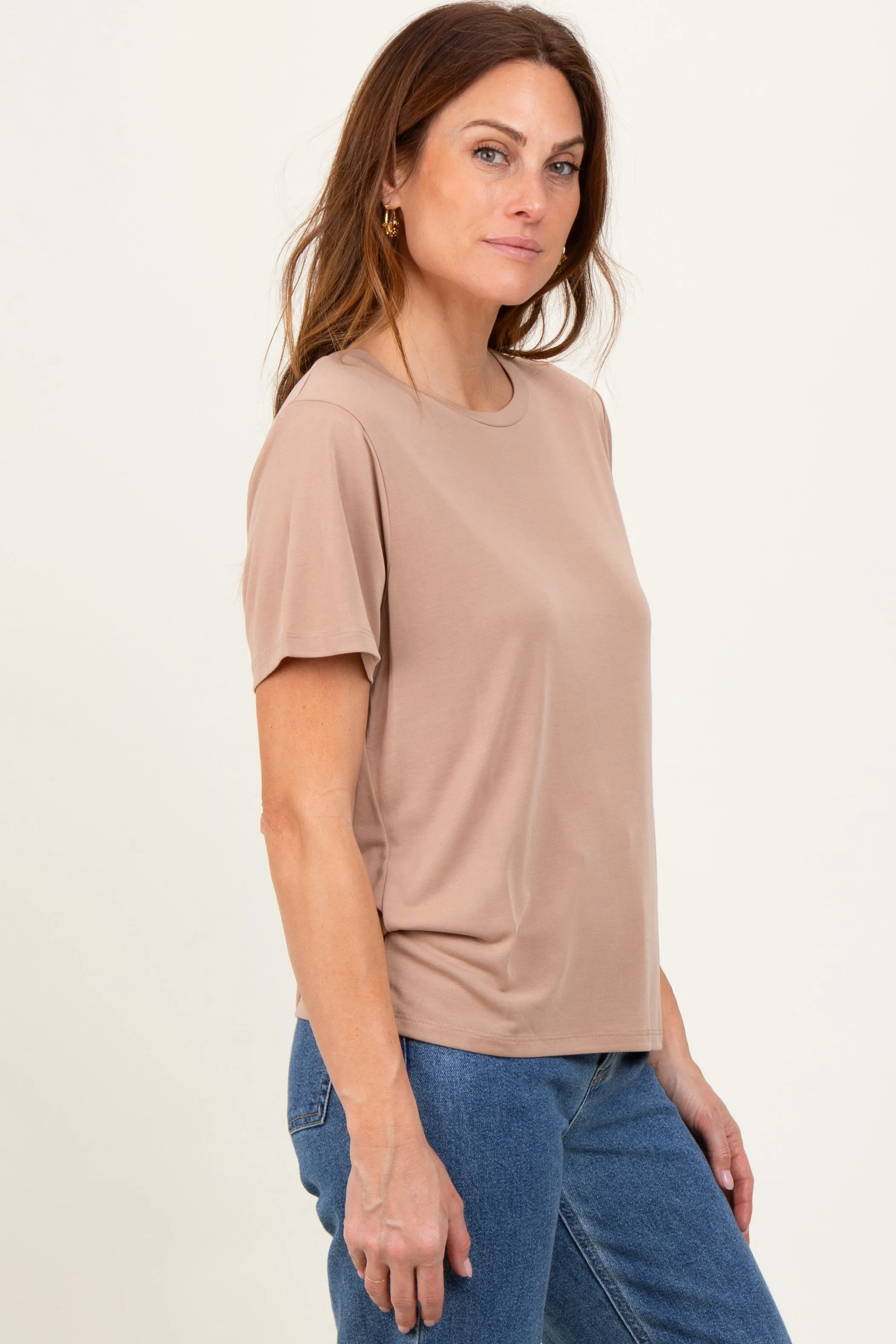 Taupe Basic Round Neck Short Sleeve T-Shirt sold by Pinkblush product image thumbnail 3