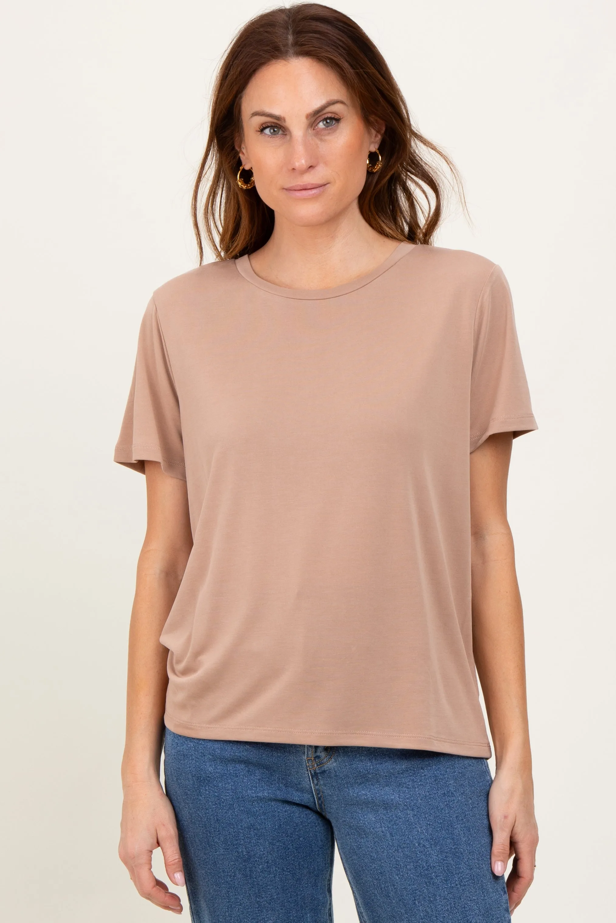 Taupe Basic Round Neck Short Sleeve T-Shirt sold by Pinkblush
