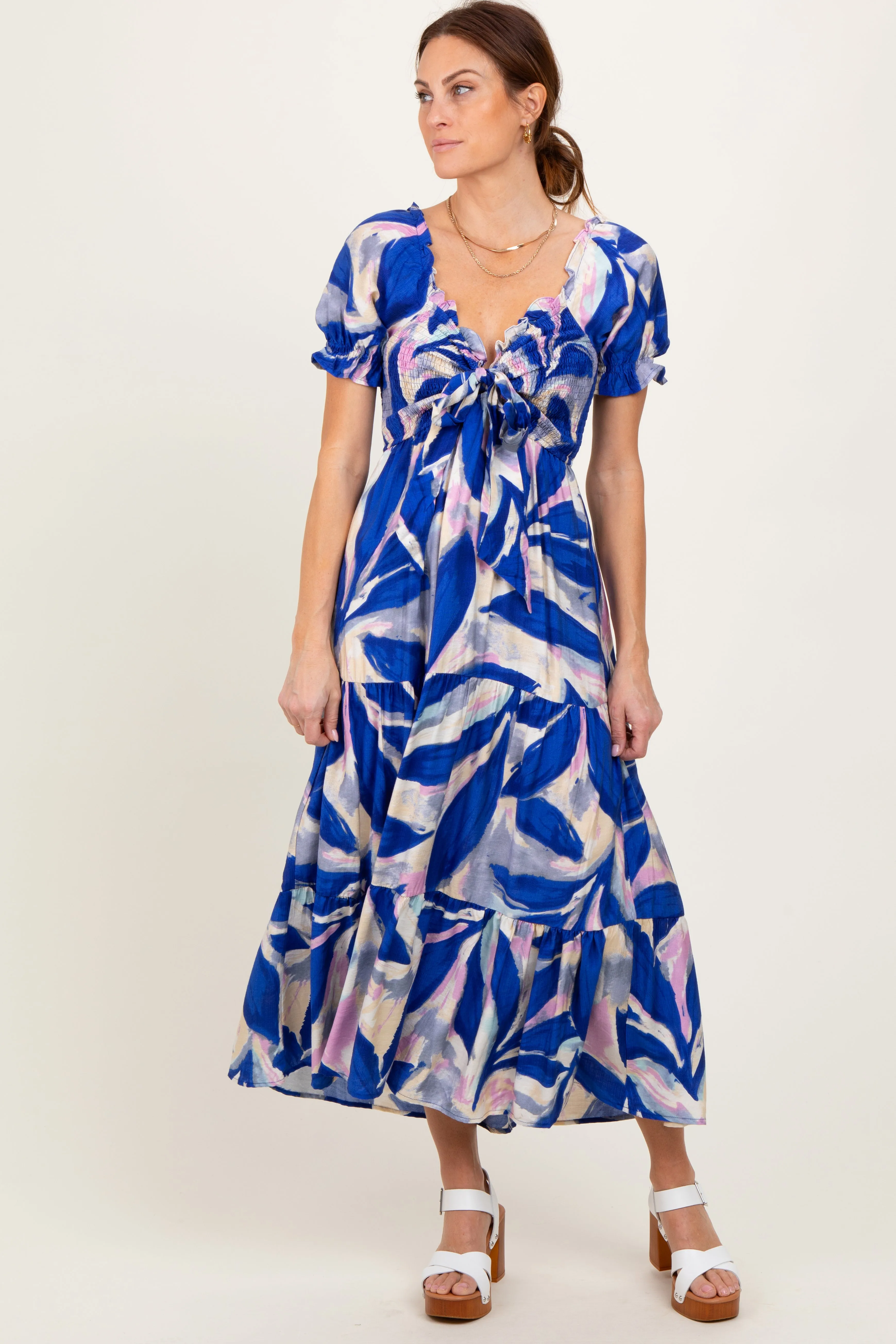 Royal Blue Blue Smocked Top Woven Tiered Dress sold by Pinkblush