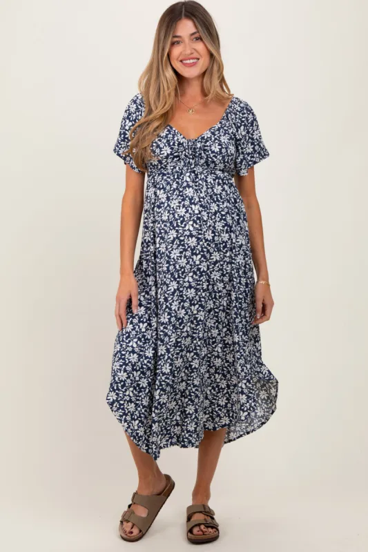 Navy Blue Floral Ruched Tie Front Maternity Midi Dress sold by Pinkblush
