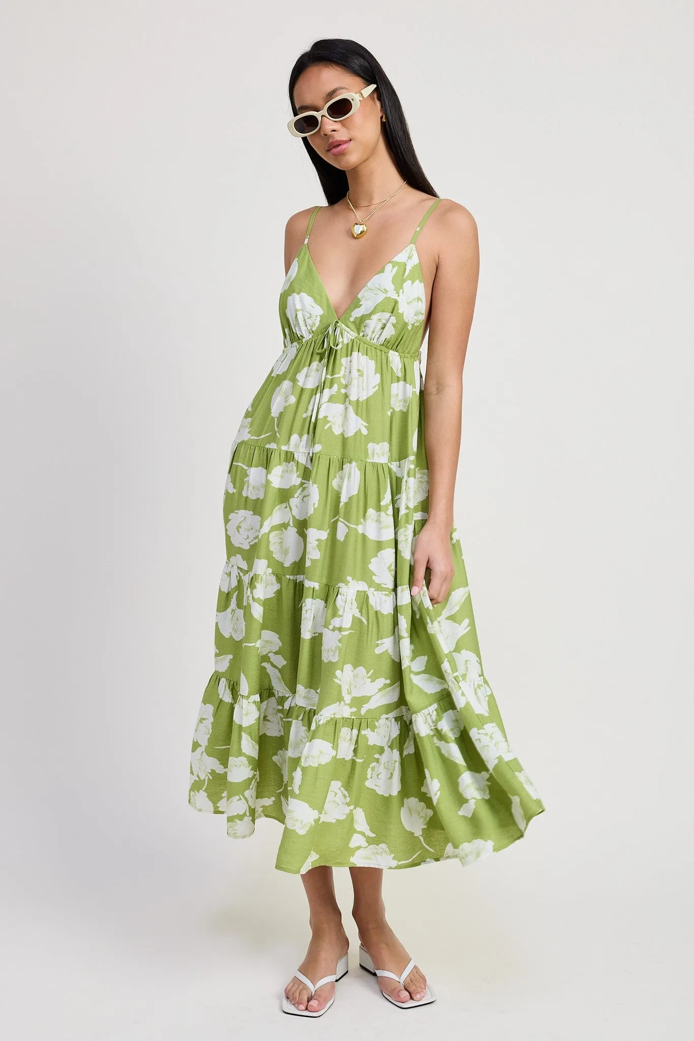 Lime Floral Front Tie Tiered Midi Dress sold by Pinkblush product image thumbnail 2