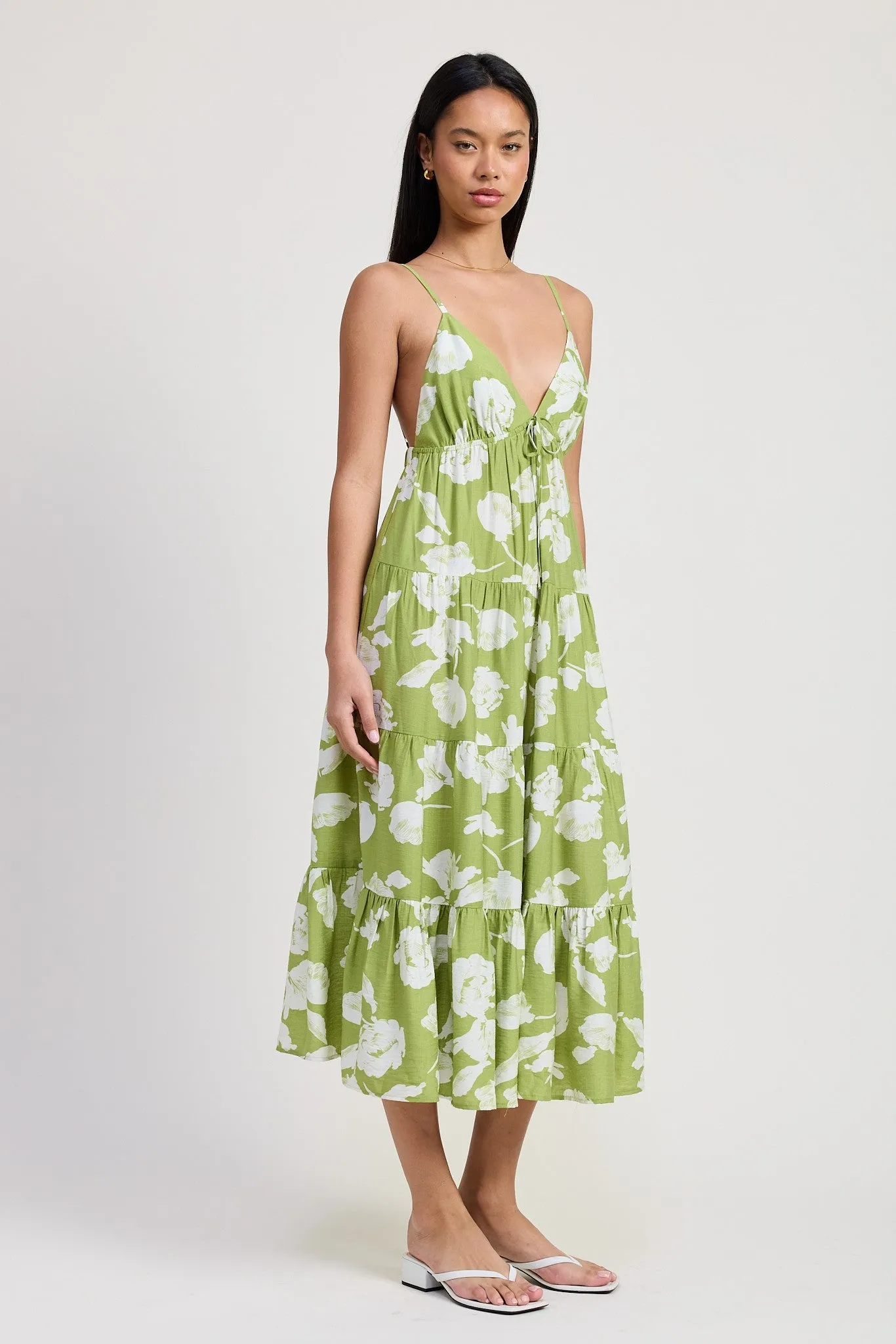 Lime Floral Front Tie Tiered Midi Dress sold by Pinkblush product image thumbnail 4