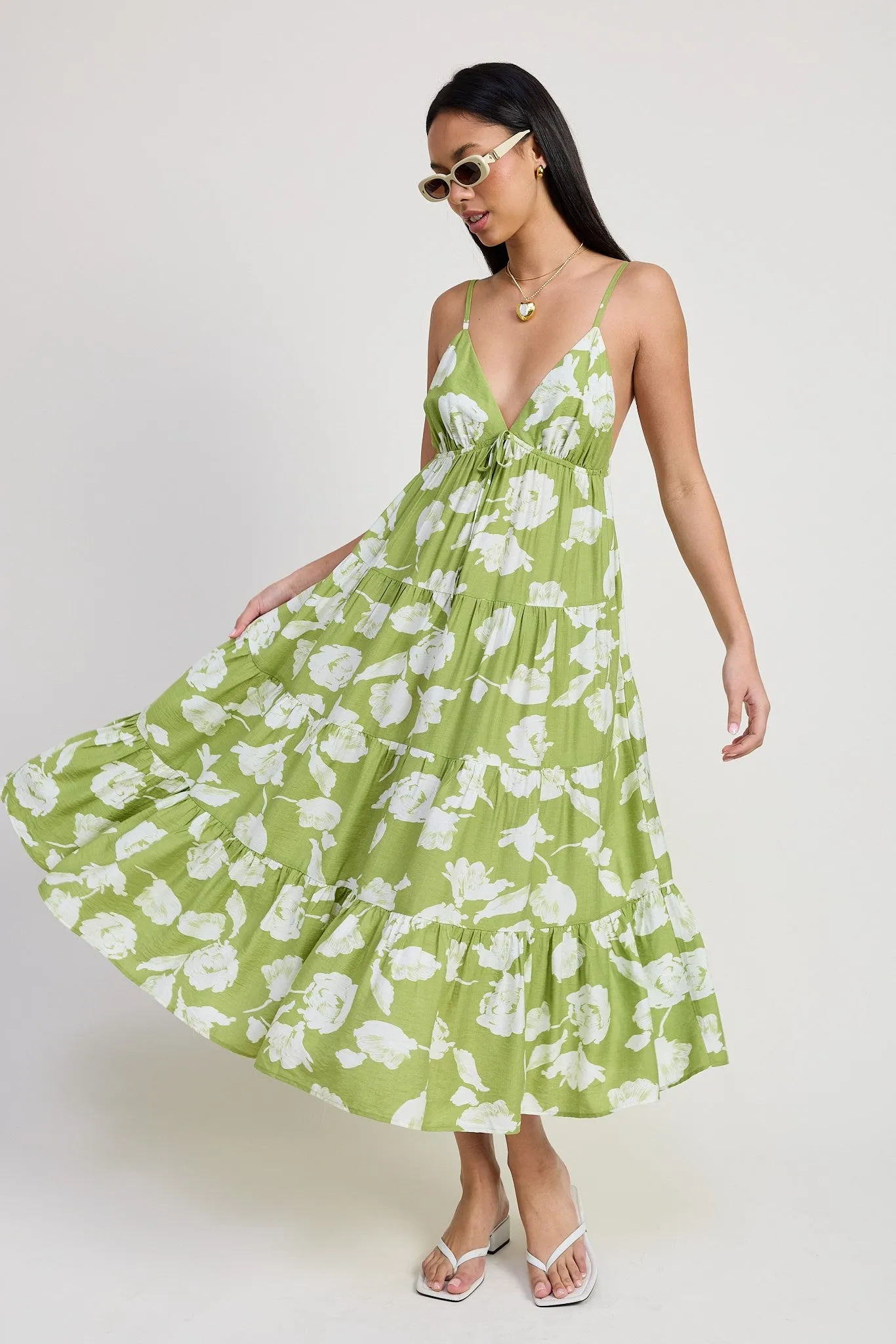 Lime Floral Front Tie Tiered Midi Dress sold by Pinkblush