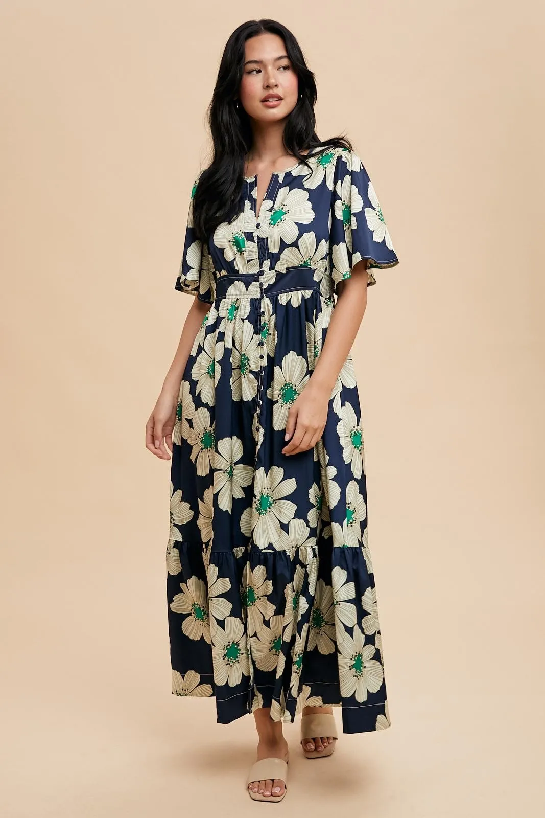 Navy Notched Collar Floral Button Down Maxi Dress sold by Pinkblush product image thumbnail 2