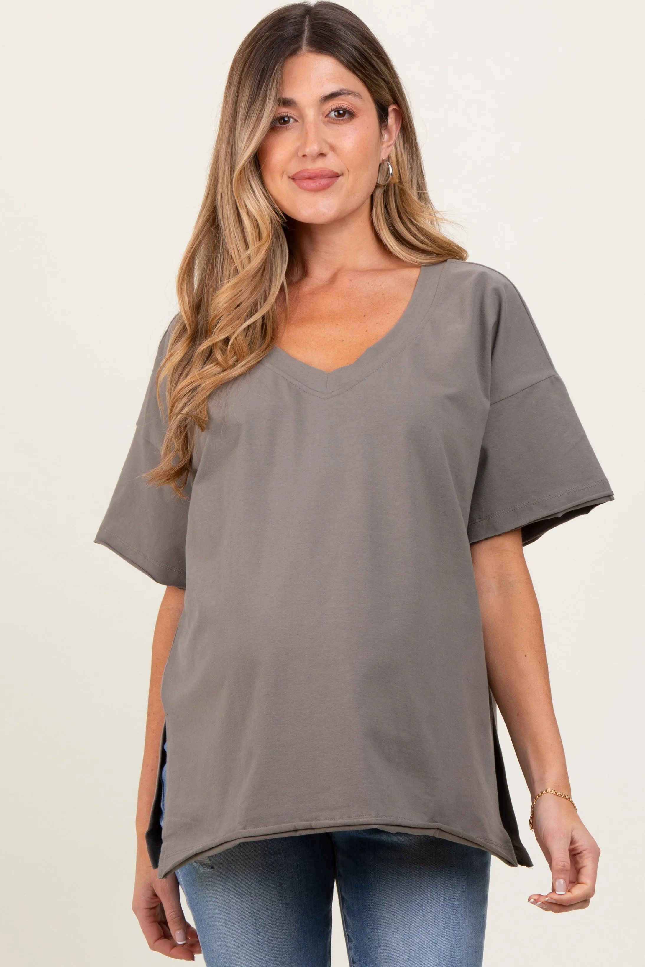 Olive Oversized V-Neck Side Slit Maternity Tee sold by Pinkblush