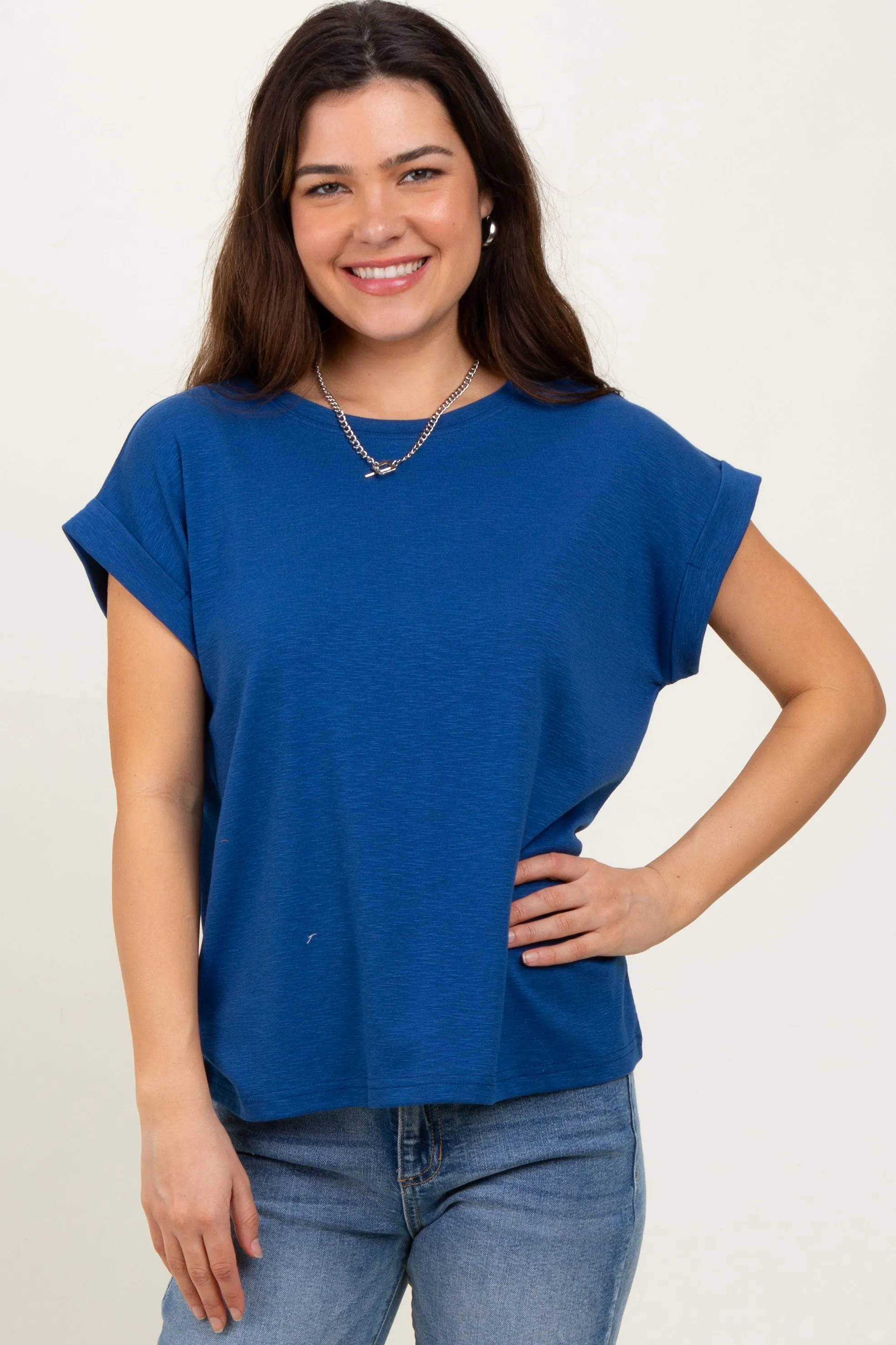 Light Navy Rolled Short Sleeve Tee sold by Pinkblush