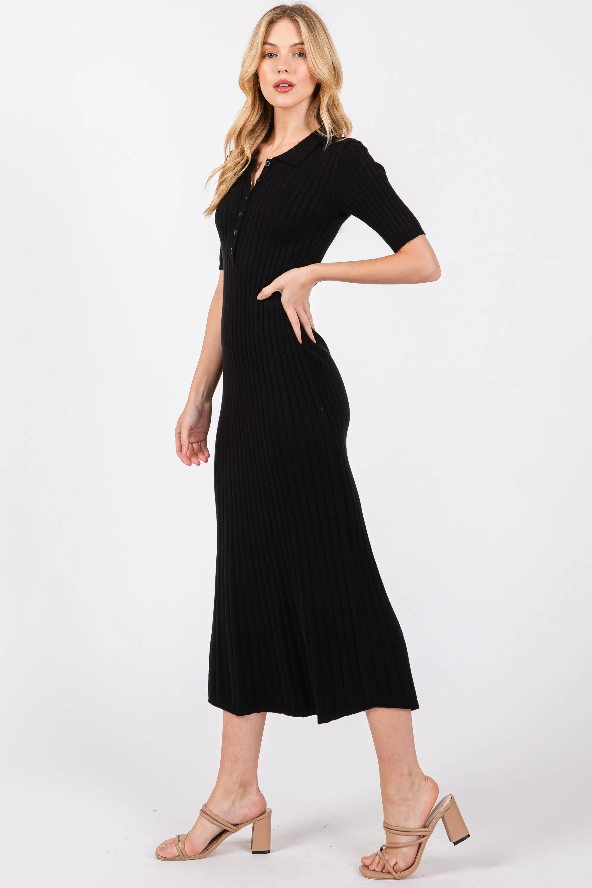 Black Ribbed Knit Button Up Midi Dress sold by Pinkblush product image thumbnail 3