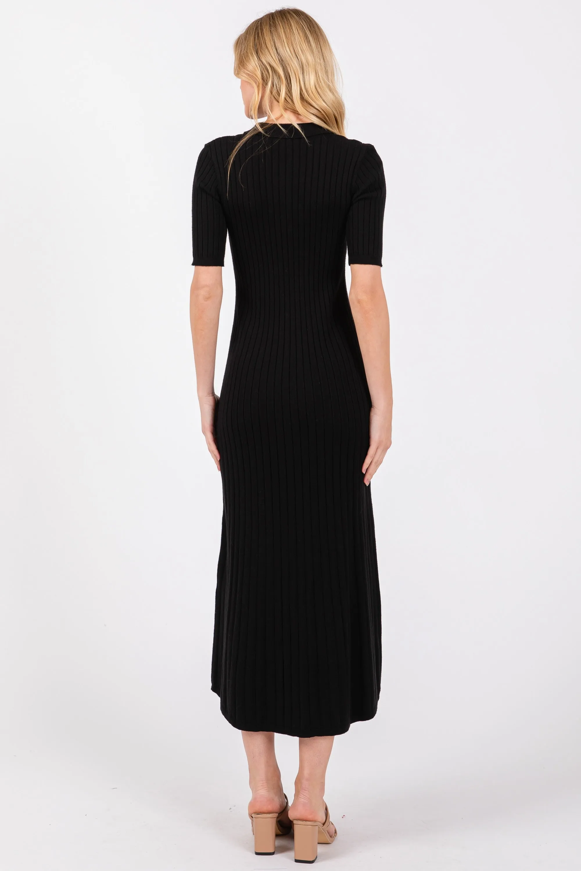 Black Ribbed Knit Button Up Midi Dress sold by Pinkblush product image thumbnail 4