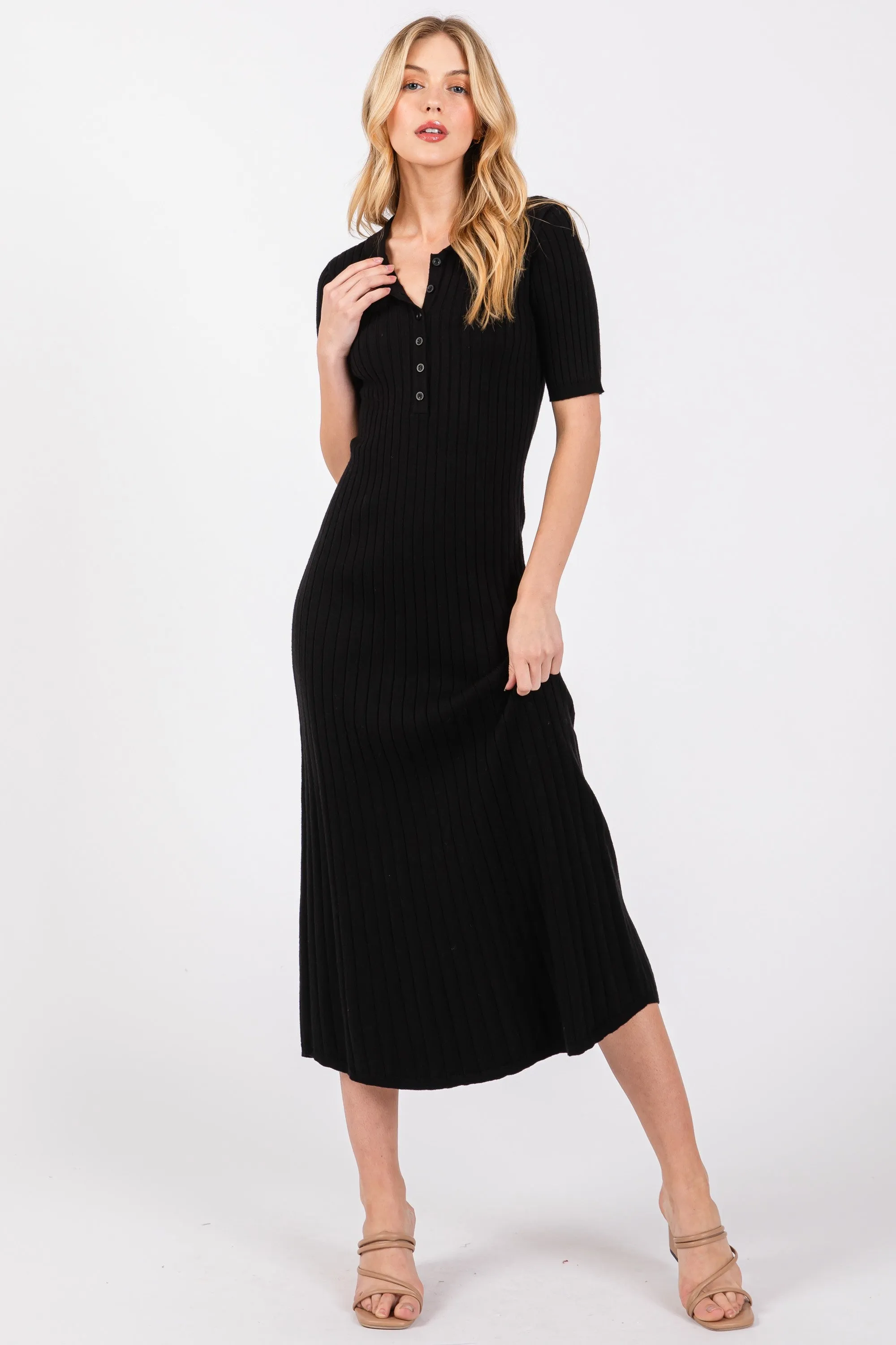 Black Ribbed Knit Button Up Midi Dress sold by Pinkblush