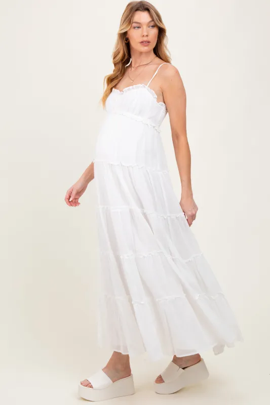 White Shirred Bust Ruffle Tiered Maternity Maxi Dress sold by Pinkblush