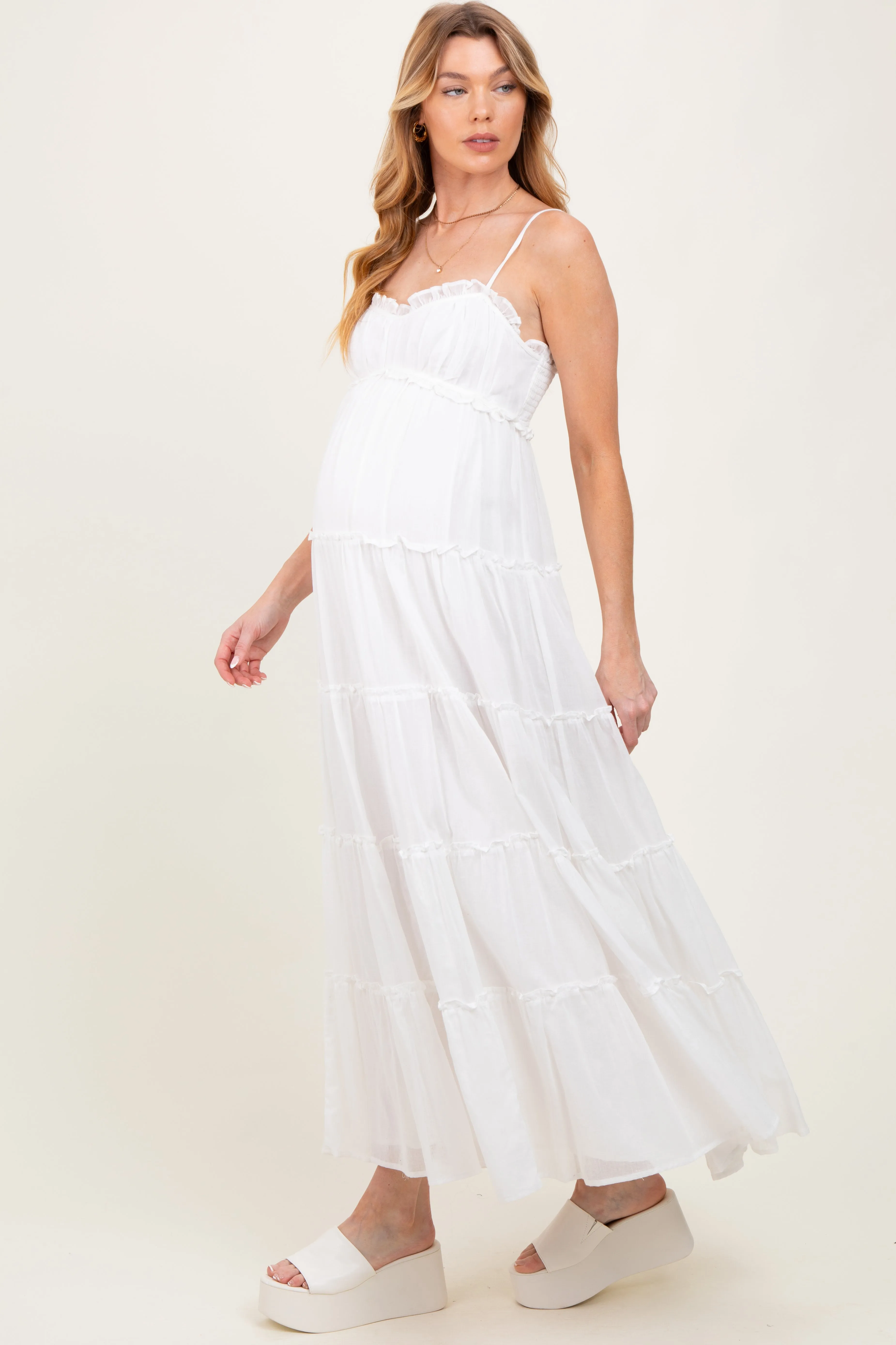 White Shirred Bust Ruffle Tiered Maternity Maxi Dress sold by Pinkblush