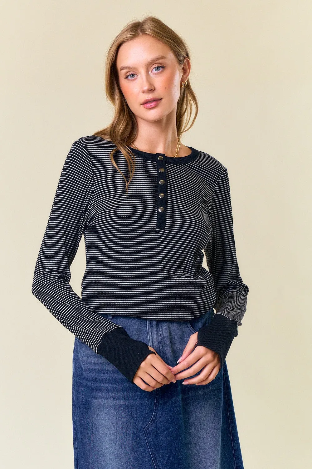 Black Striped Snap Button Henley Maternity Top sold by Pinkblush product image thumbnail 5
