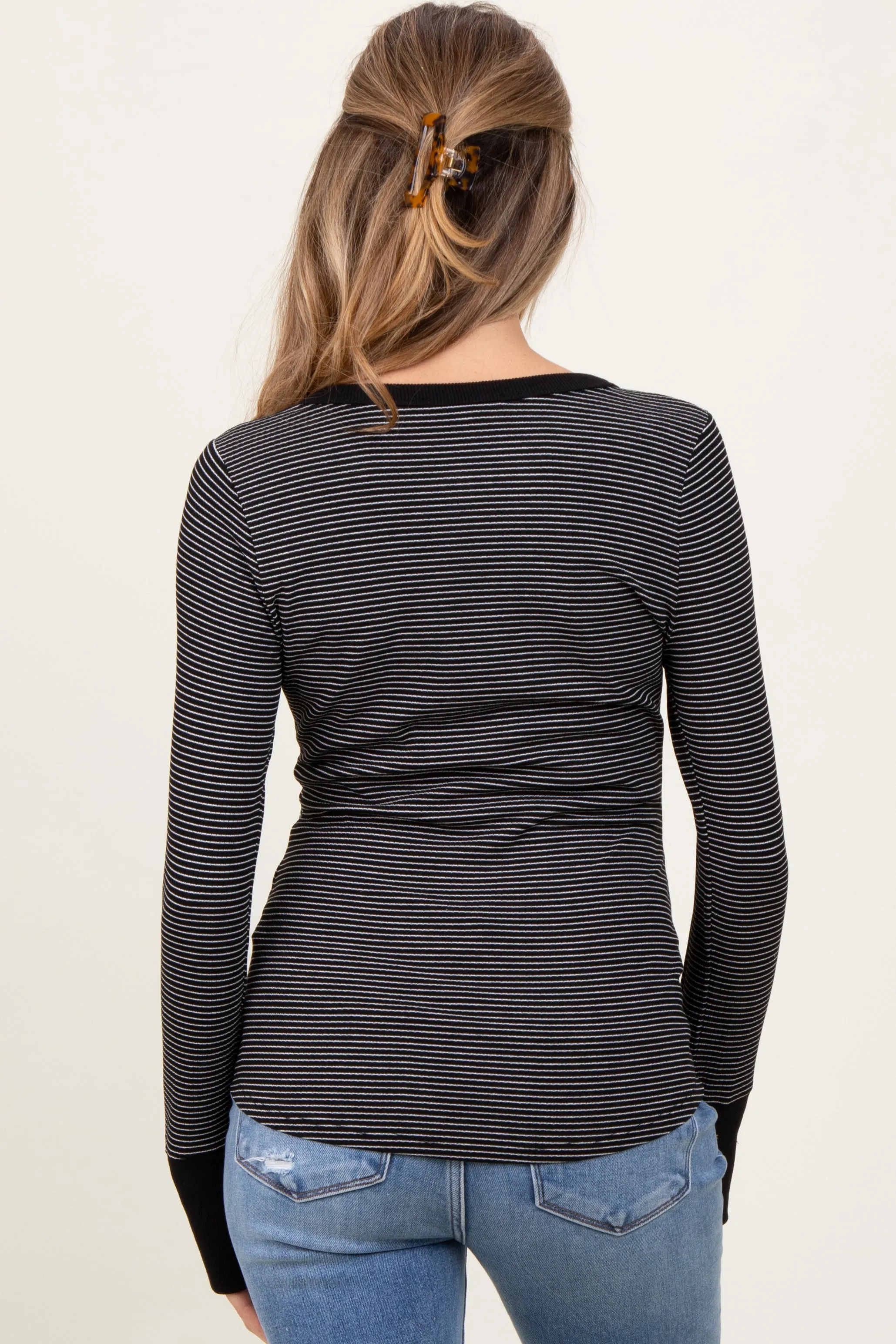 Black Striped Snap Button Henley Maternity Top sold by Pinkblush product image thumbnail 4