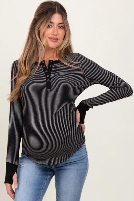 Black Striped Snap Button Henley Maternity Top sold by Pinkblush